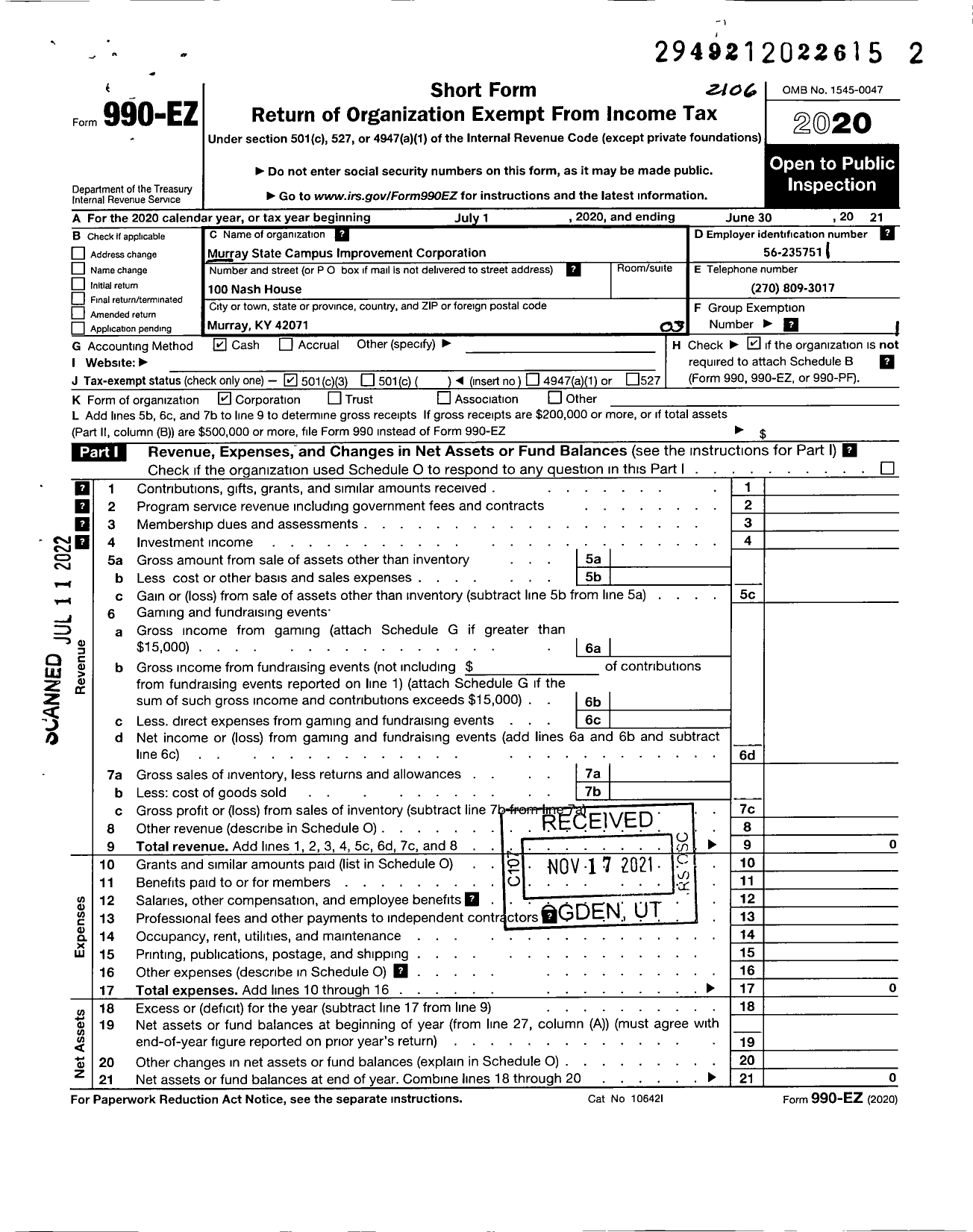 Image of first page of 2020 Form 990EZ for Murray State Campus Improvement Corporation