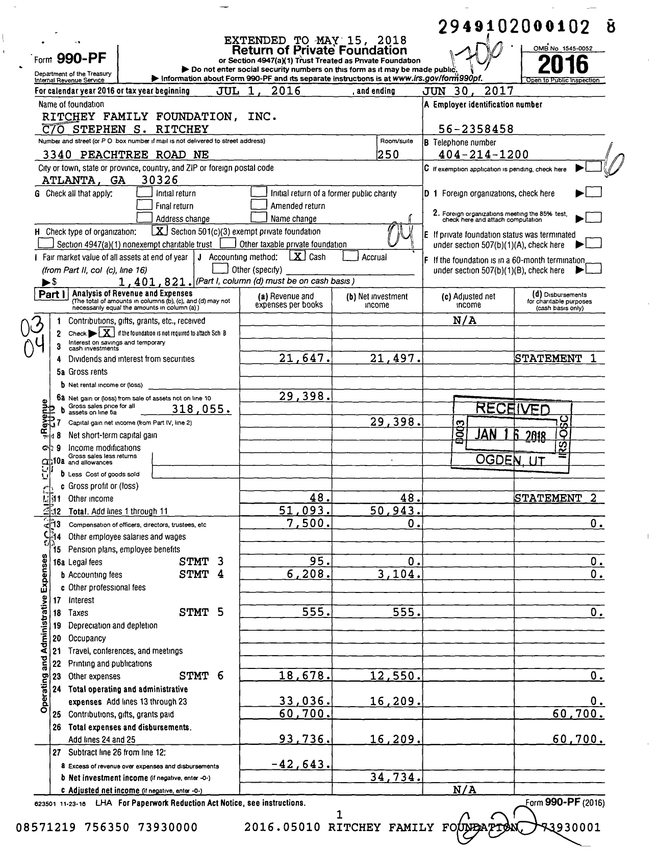 Image of first page of 2016 Form 990PF for Ritchey Family Foundation