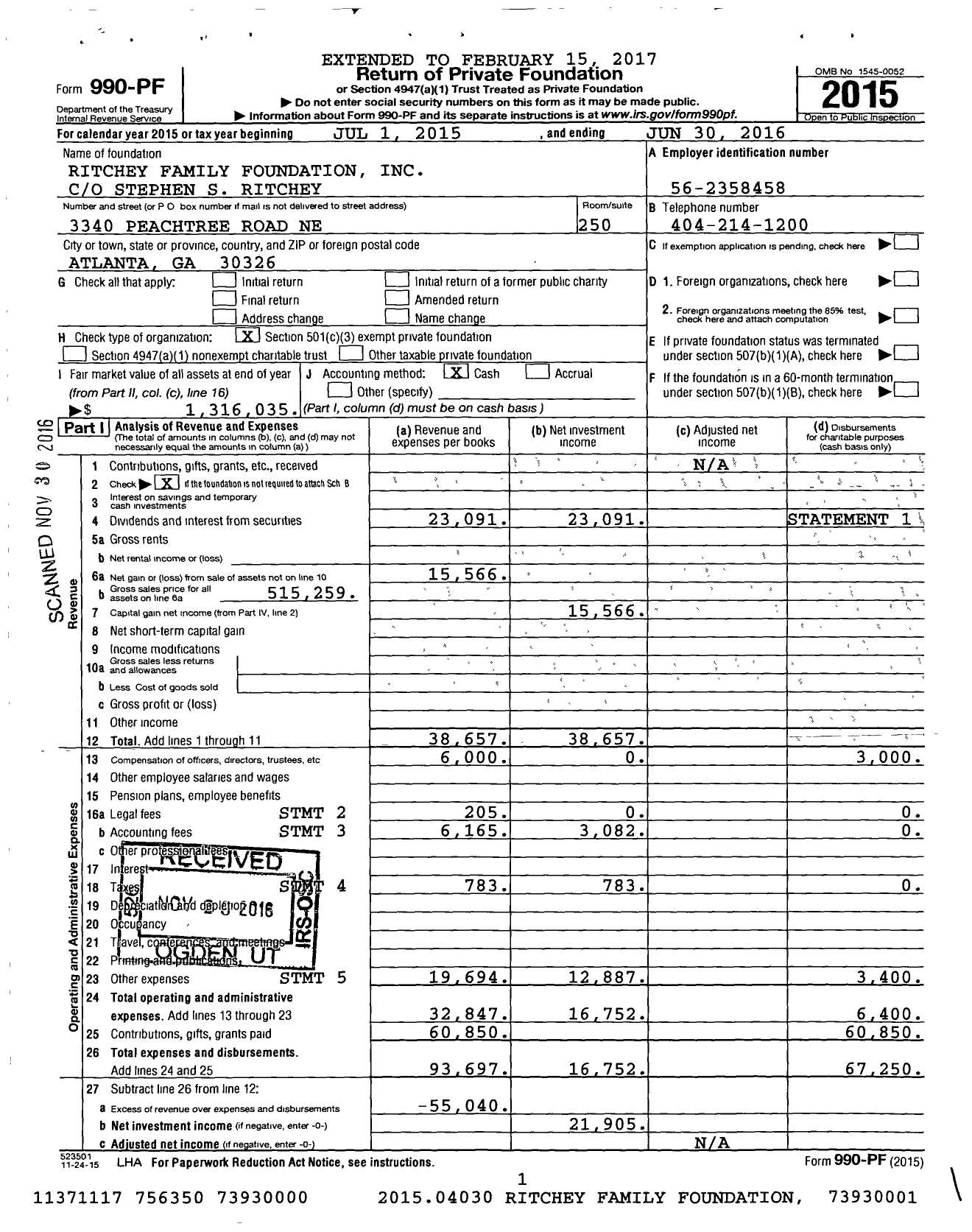 Image of first page of 2015 Form 990PF for Ritchey Family Foundation