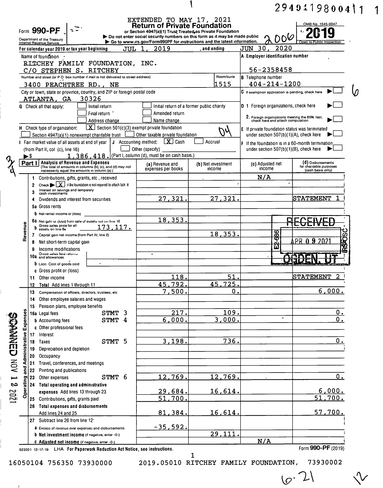 Image of first page of 2019 Form 990PF for Ritchey Family Foundation