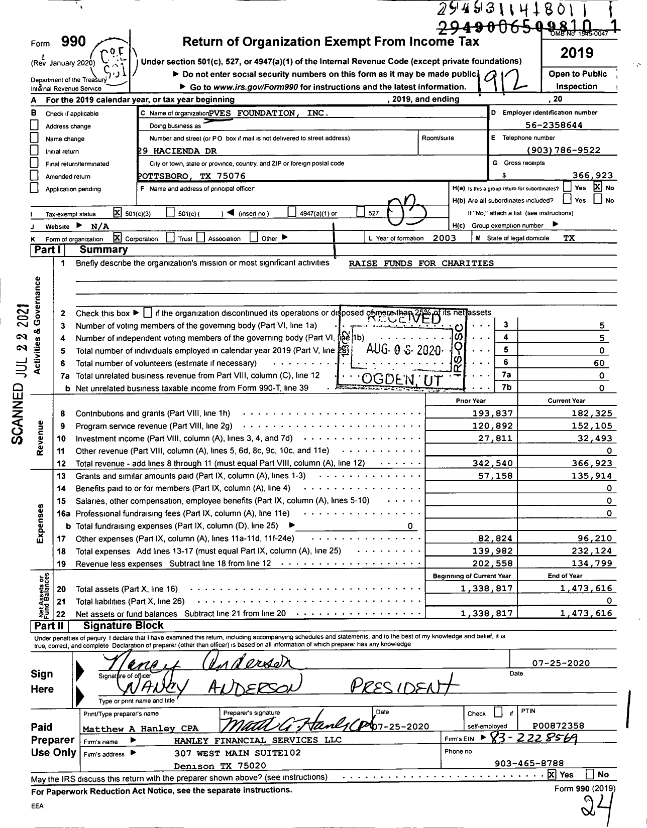 Image of first page of 2019 Form 990 for Pves Foundation
