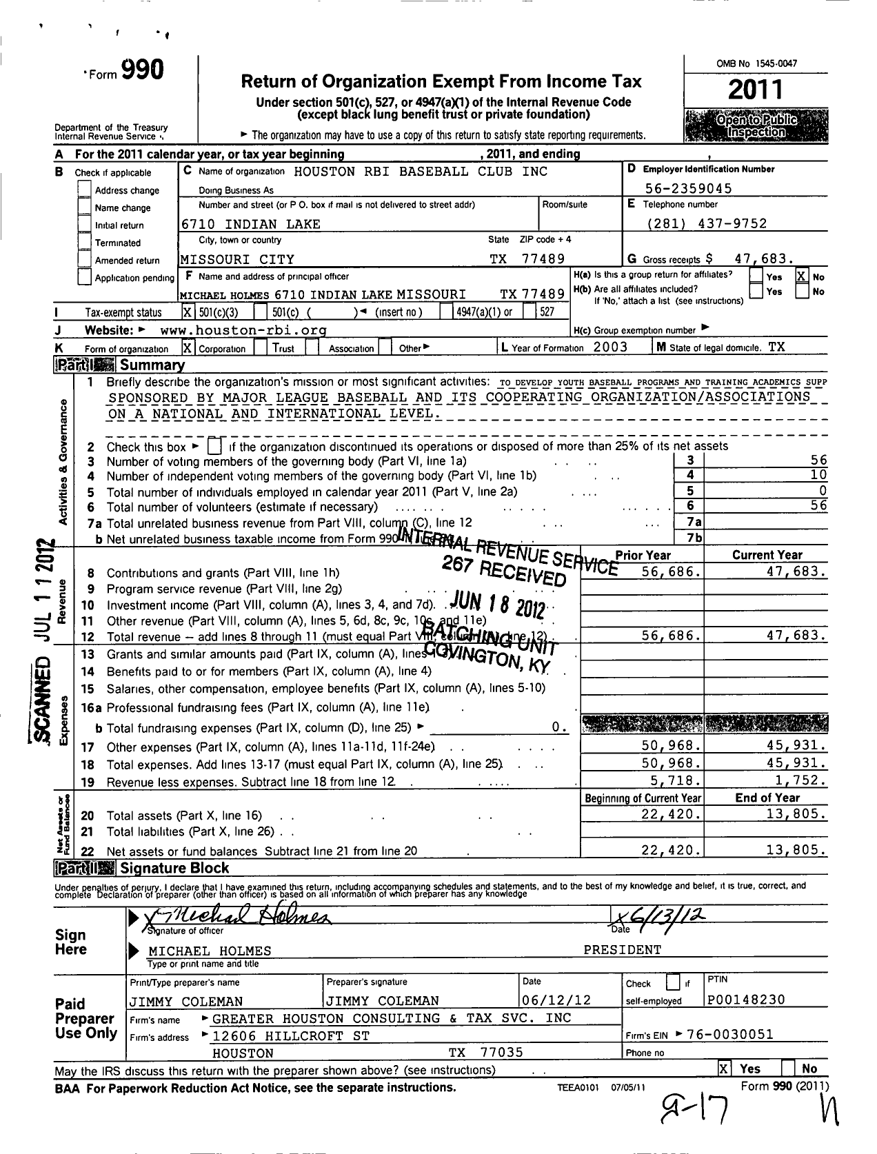 Image of first page of 2011 Form 990 for Houston Booster Club