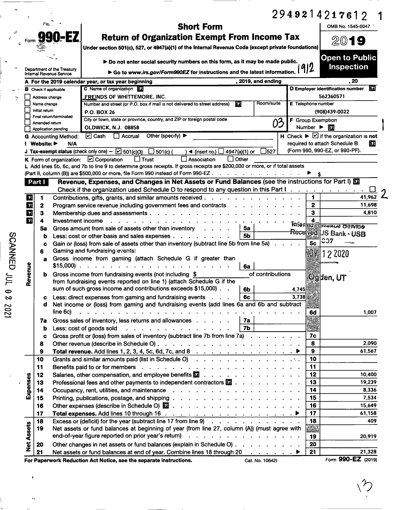 Image of first page of 2019 Form 990EZ for Friends of Whittemore