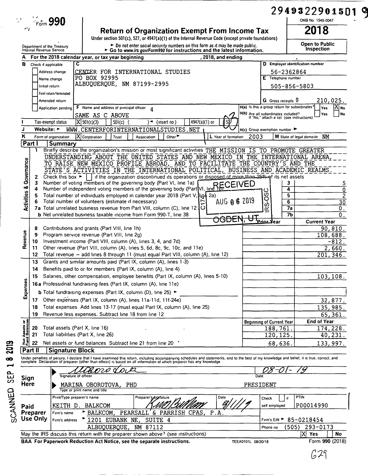 Image of first page of 2018 Form 990 for Center for International Studies