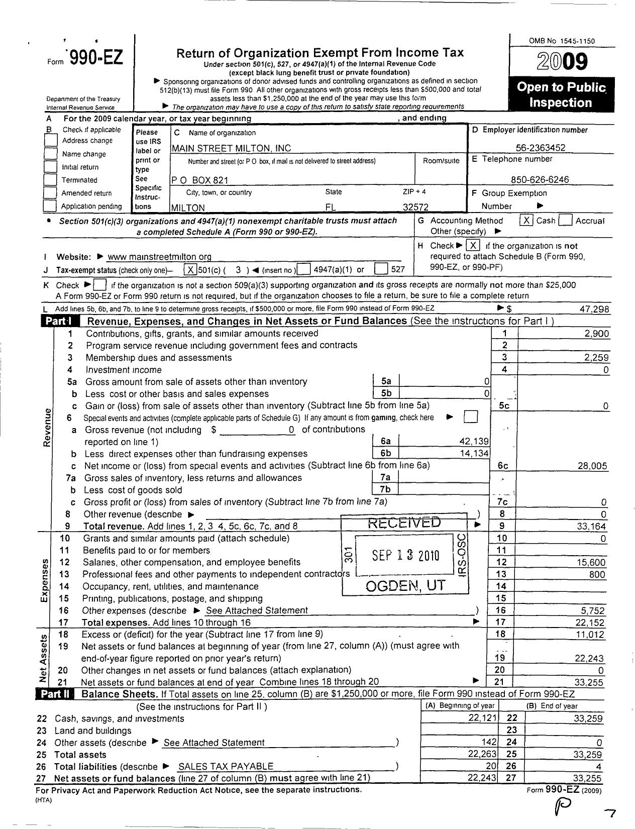 Image of first page of 2009 Form 990EZ for Main Street Milton