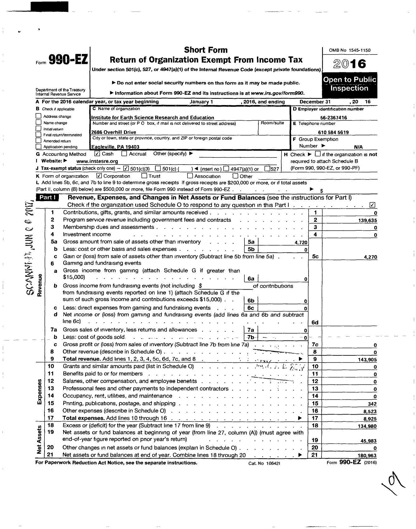 Image of first page of 2016 Form 990EZ for Institute for Earth Science Research and Education