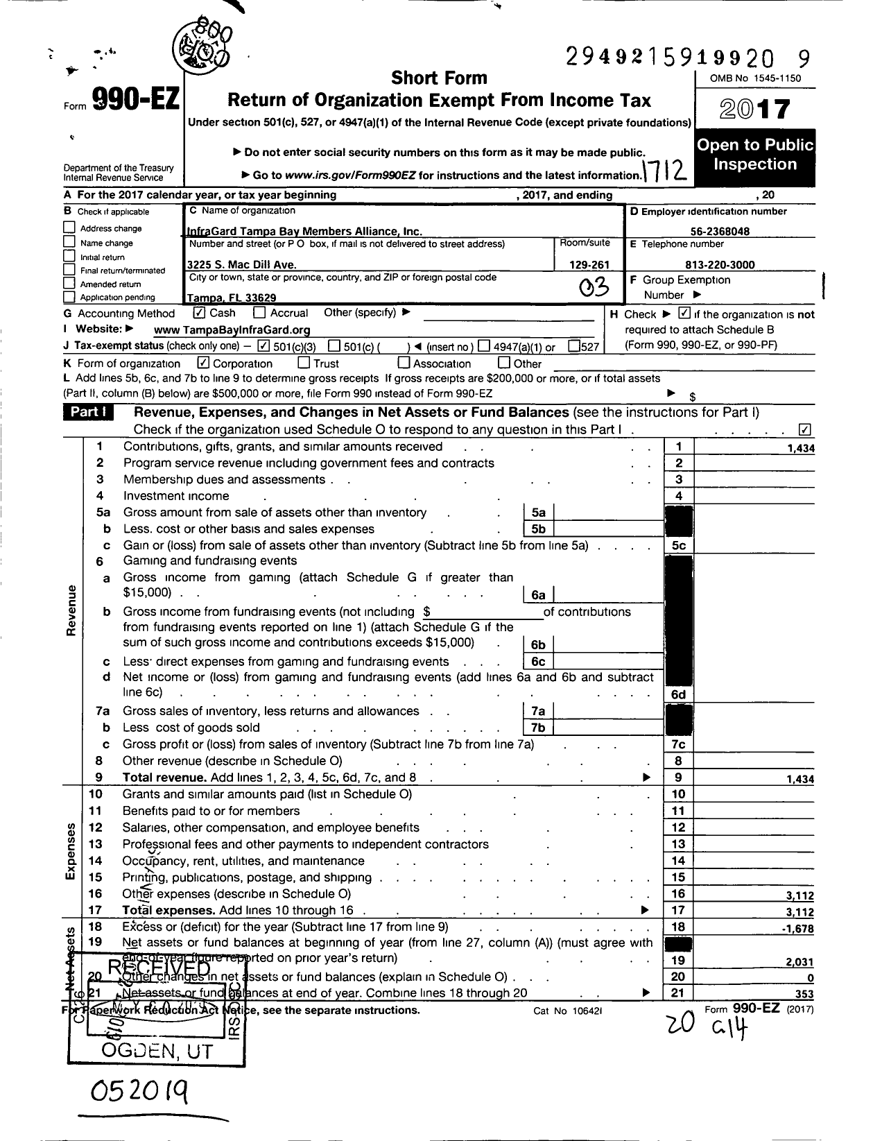 Image of first page of 2017 Form 990EZ for Infragard Tampa Bay Members Alliance