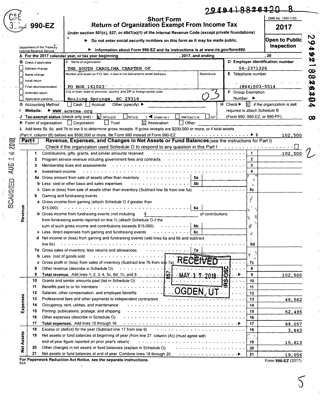 Image of first page of 2017 Form 990EZ for The South Carolina Chapter of