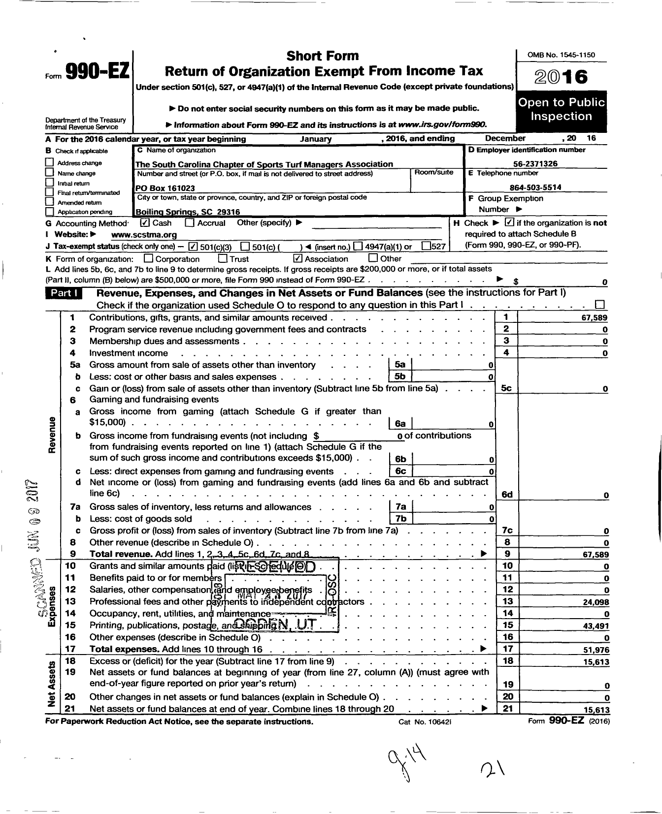 Image of first page of 2016 Form 990EZ for The South Carolina Chapter of