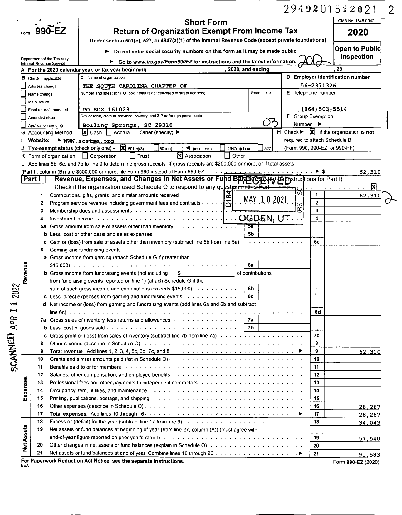 Image of first page of 2020 Form 990EZ for The South Carolina Chapter of