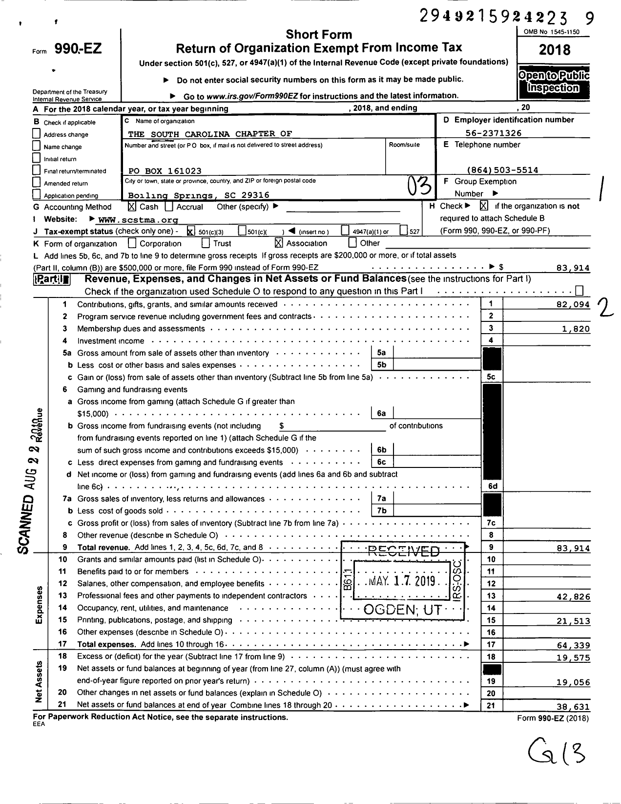 Image of first page of 2018 Form 990EZ for The South Carolina Chapter of