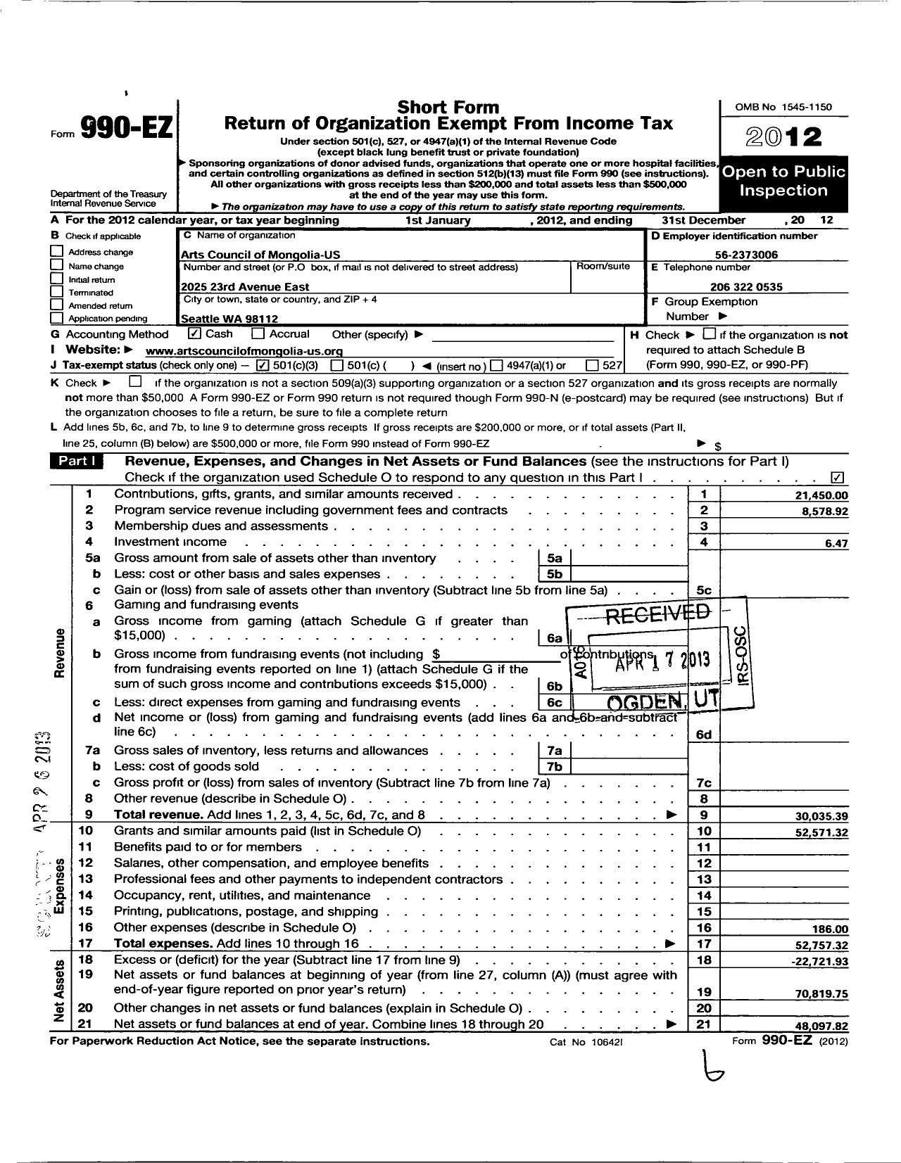 Image of first page of 2012 Form 990EZ for The Arts Council of Mongolia Us