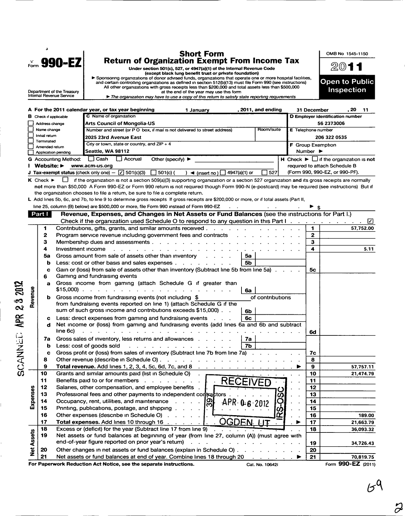 Image of first page of 2011 Form 990EZ for The Arts Council of Mongolia Us