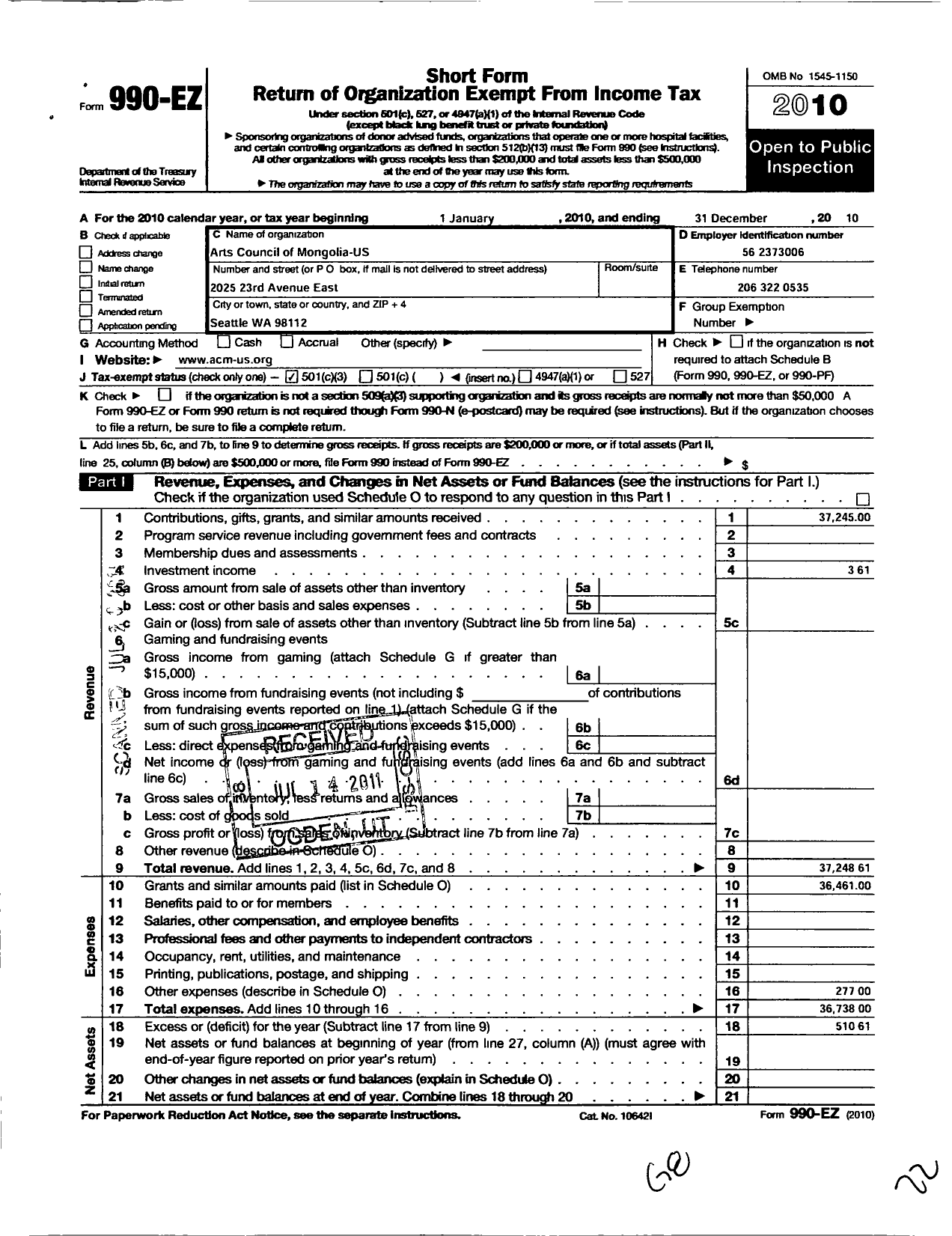 Image of first page of 2010 Form 990EZ for The Arts Council of Mongolia Us