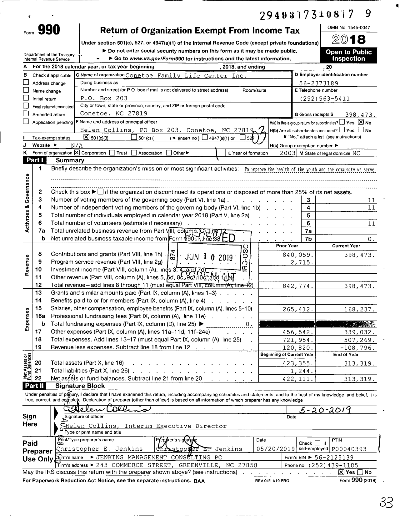 Image of first page of 2018 Form 990 for Conetoe Family Life Center