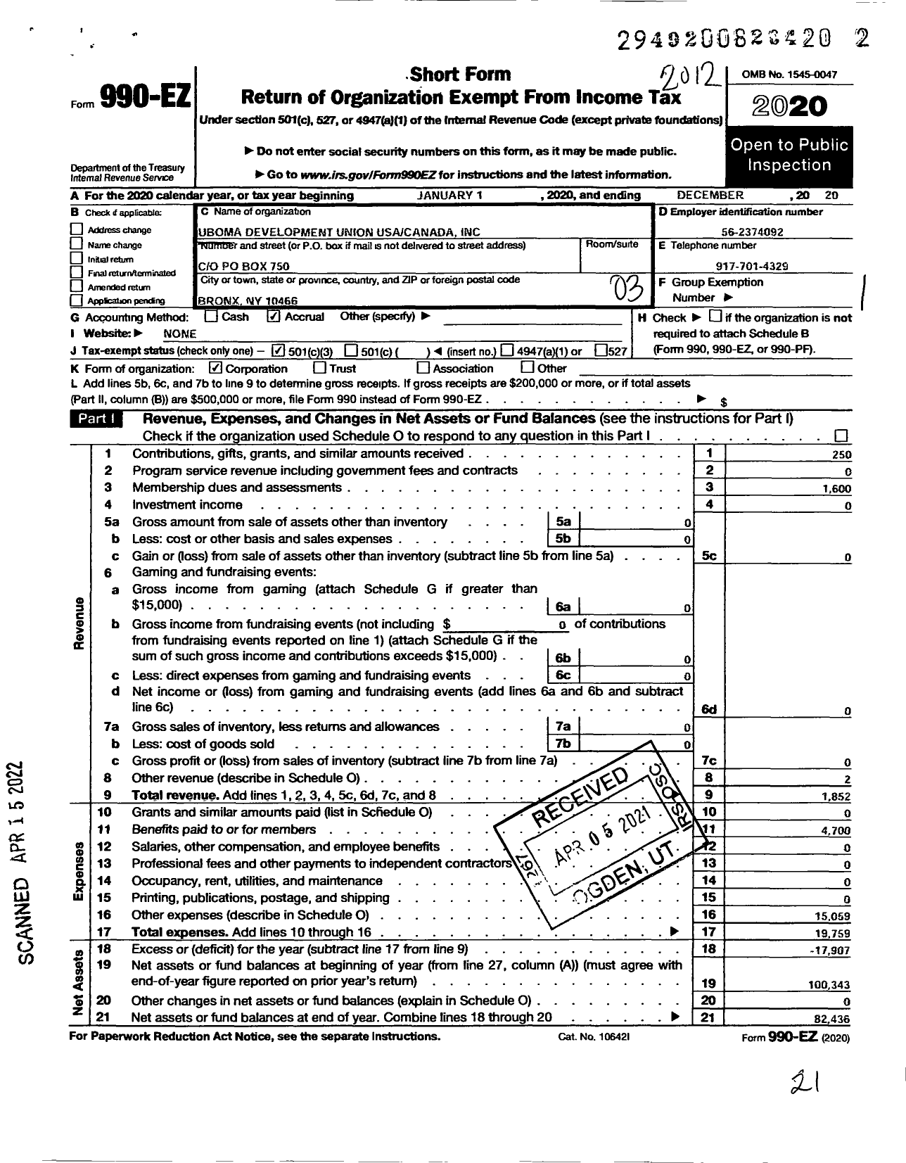 Image of first page of 2020 Form 990EZ for Uboma Development Union Usacanada