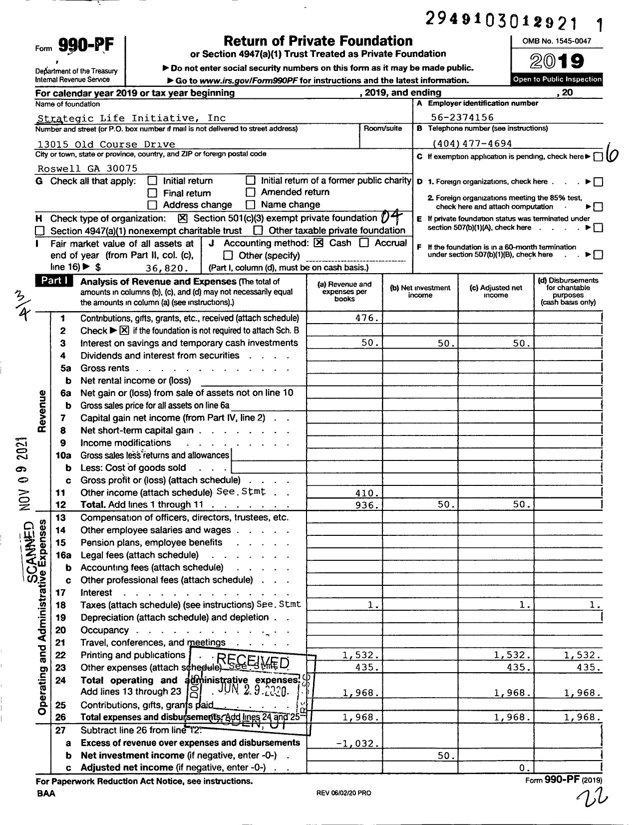 Image of first page of 2019 Form 990PF for Strategic Life Initiative