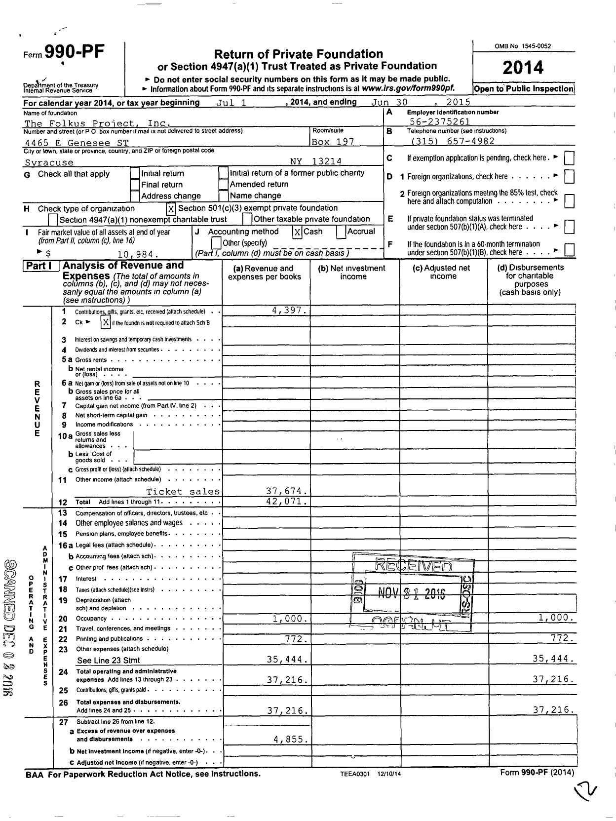 Image of first page of 2014 Form 990PF for The Folkus Project