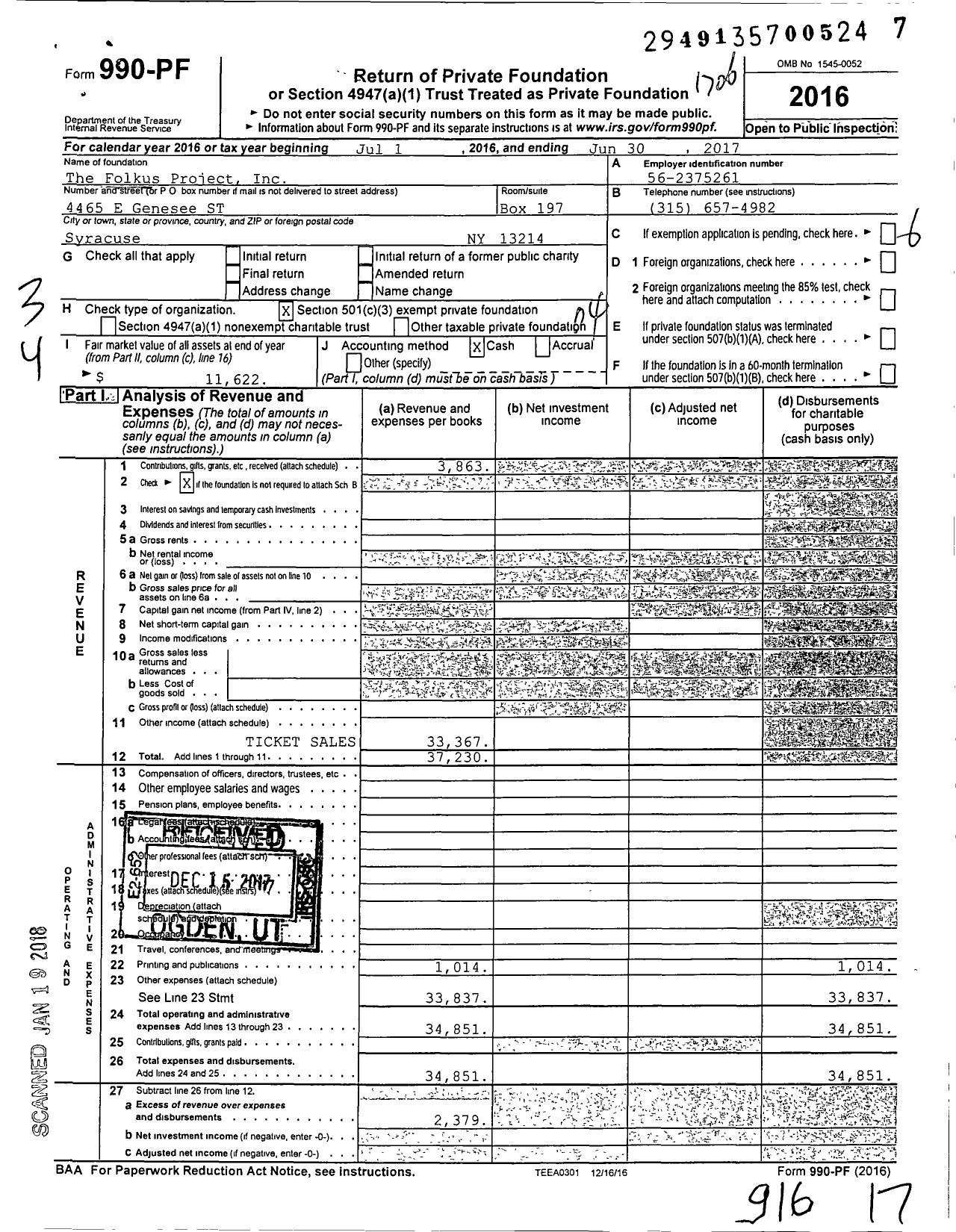 Image of first page of 2016 Form 990PF for The Folkus Project