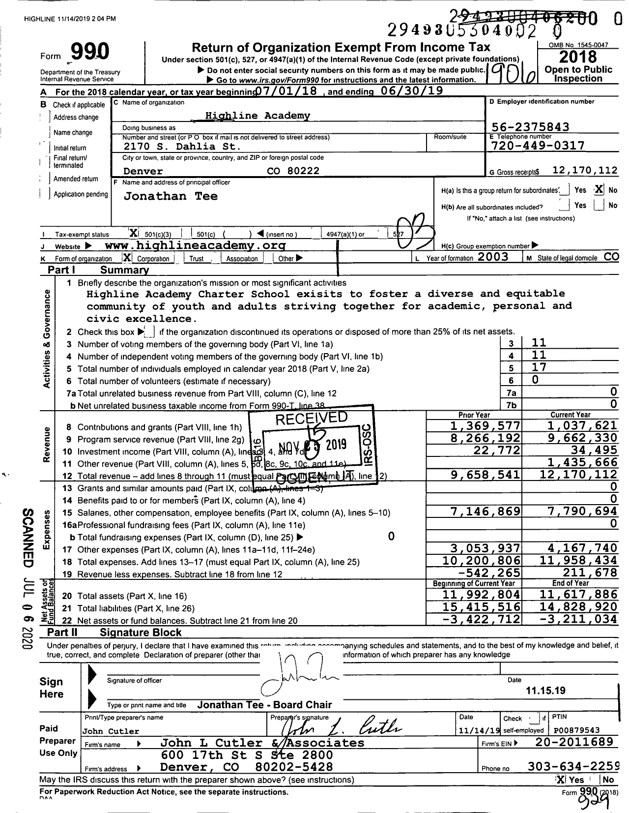 Image of first page of 2018 Form 990 for Highline Academy