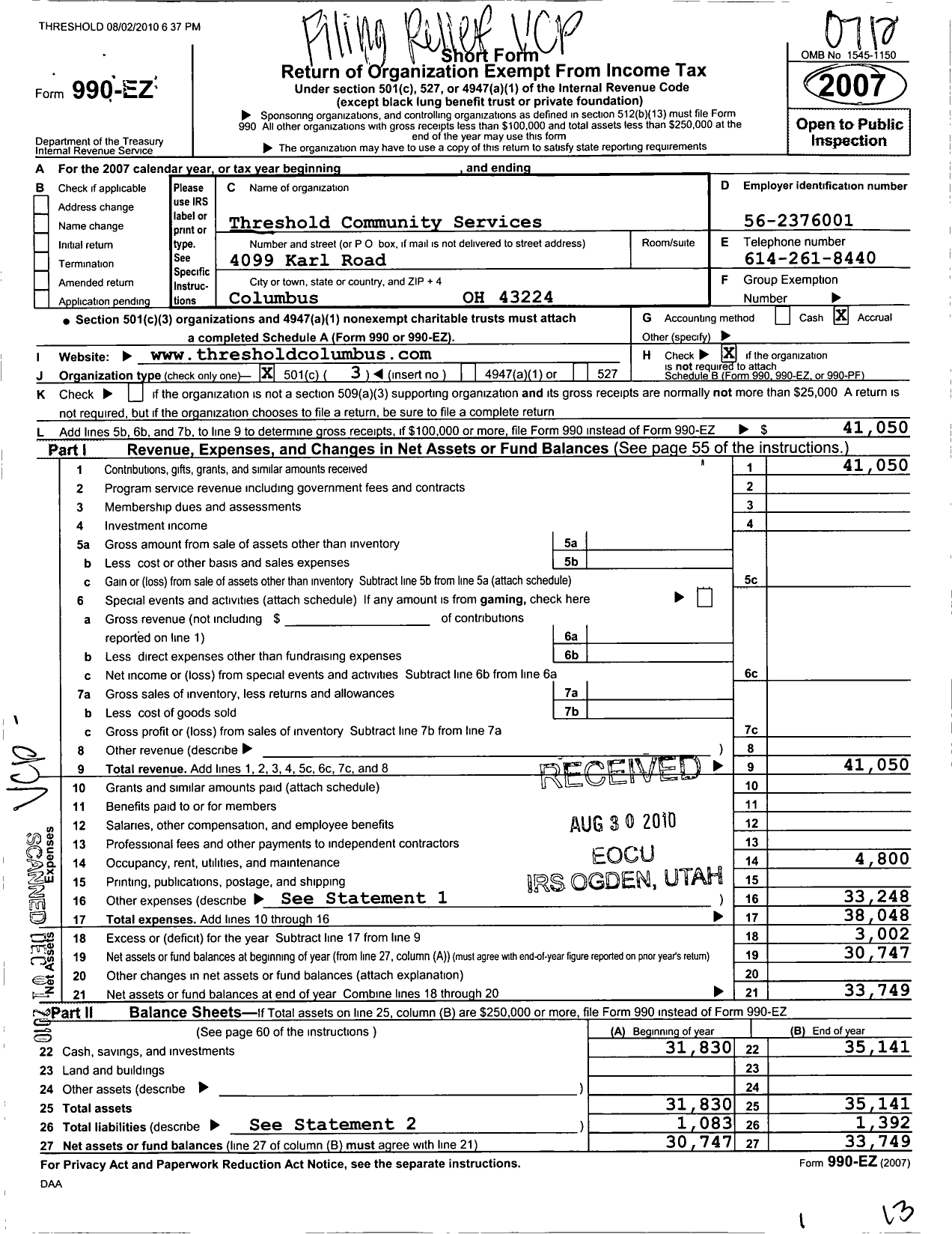 Image of first page of 2007 Form 990EZ for Threshold Community Services