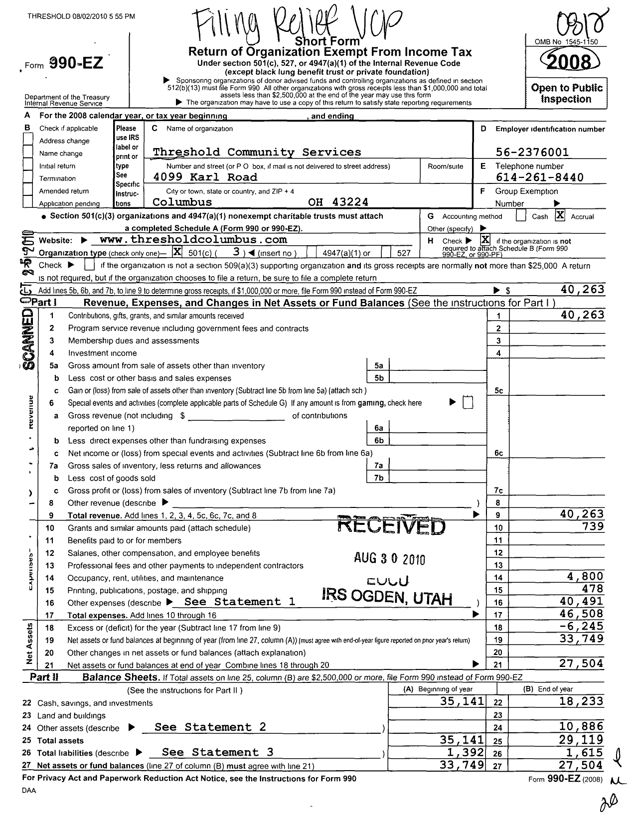 Image of first page of 2008 Form 990EZ for Threshold Community Services