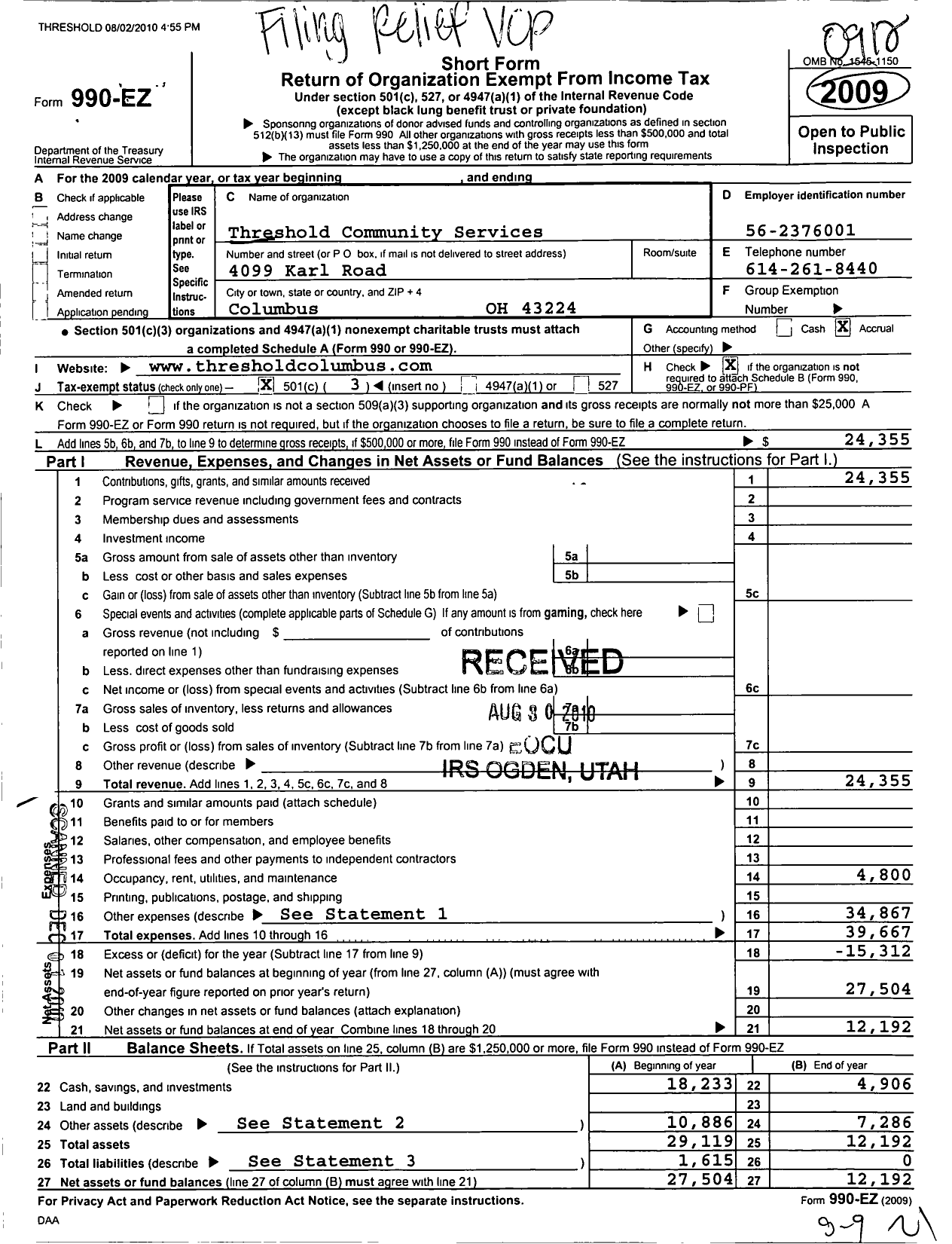 Image of first page of 2009 Form 990EZ for Threshold Community Services