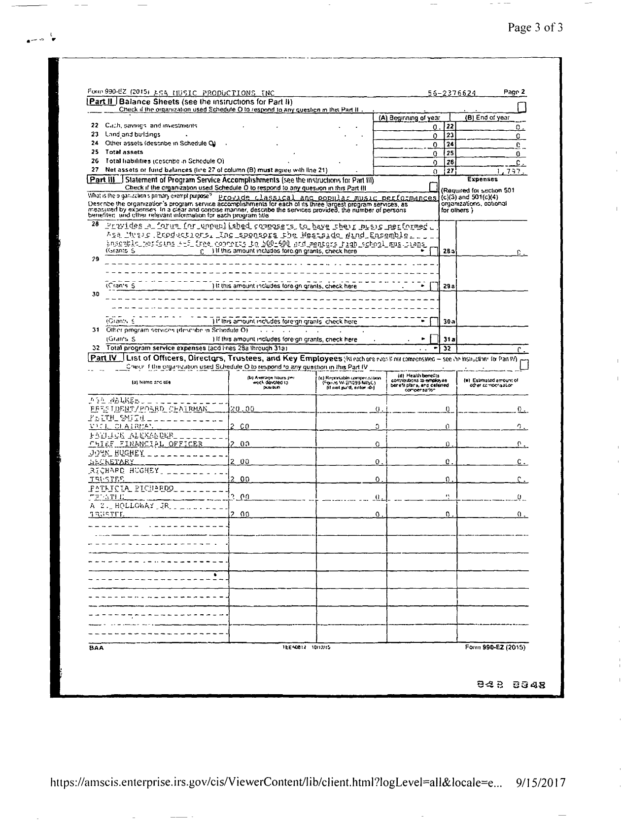 Image of first page of 2015 Form 990R for Asa Music Productions