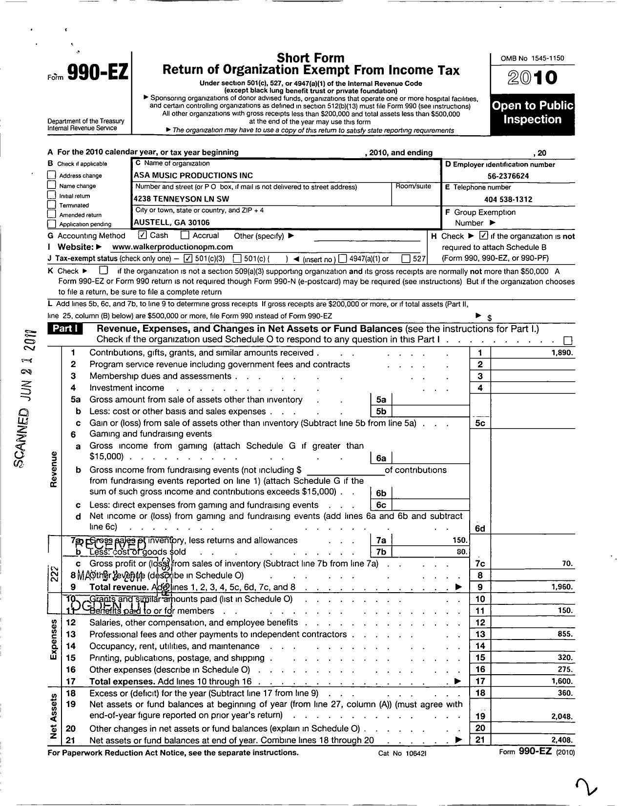 Image of first page of 2010 Form 990EZ for Asa Music Productions