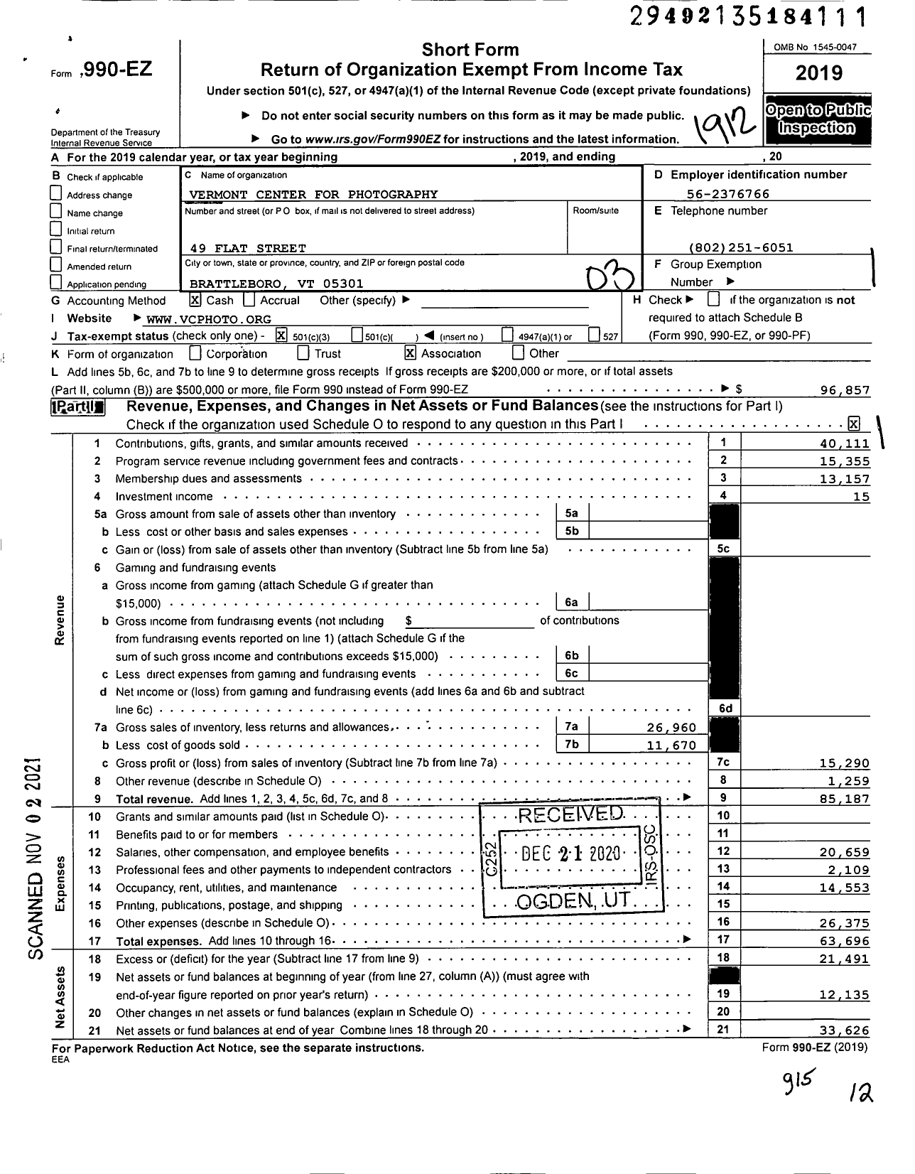 Image of first page of 2019 Form 990EZ for Vermont Center for Photography