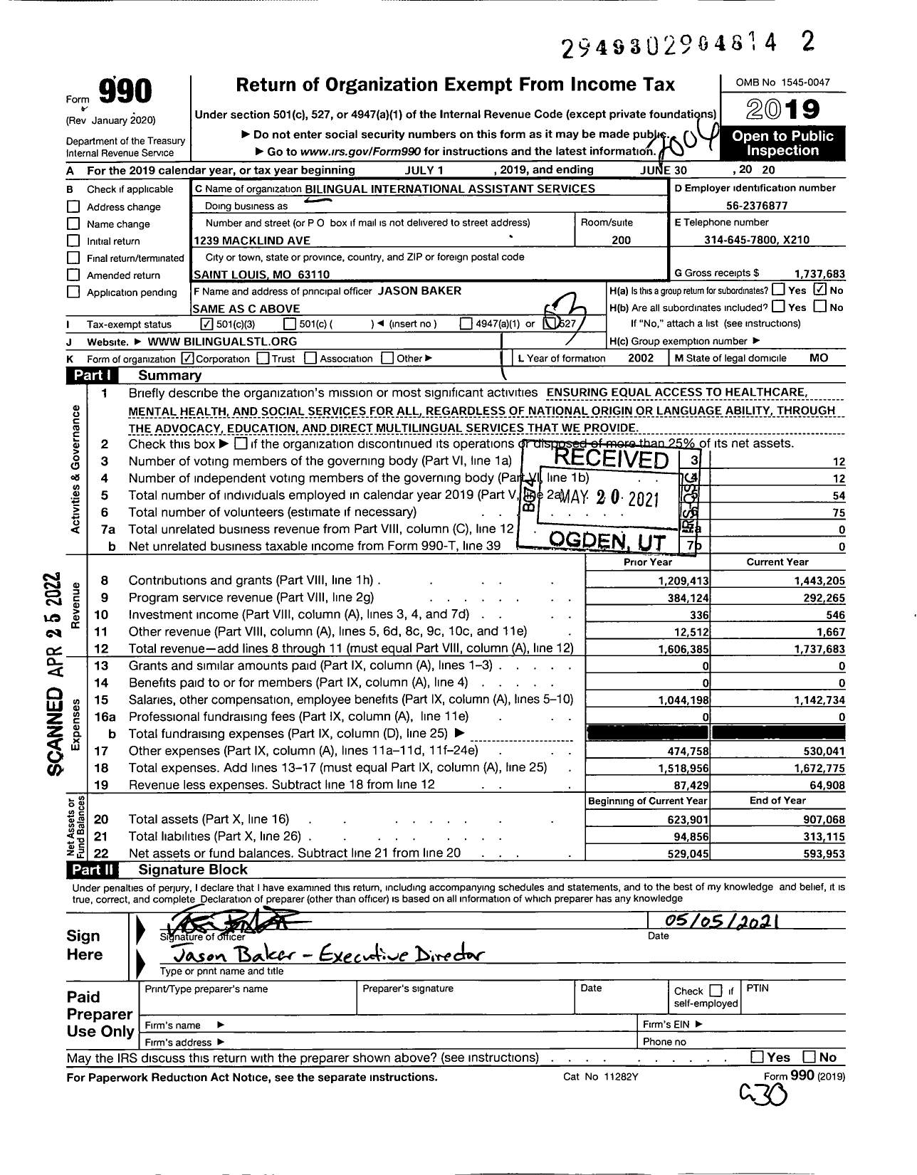 Image of first page of 2019 Form 990 for Bilingual International Assistant Services