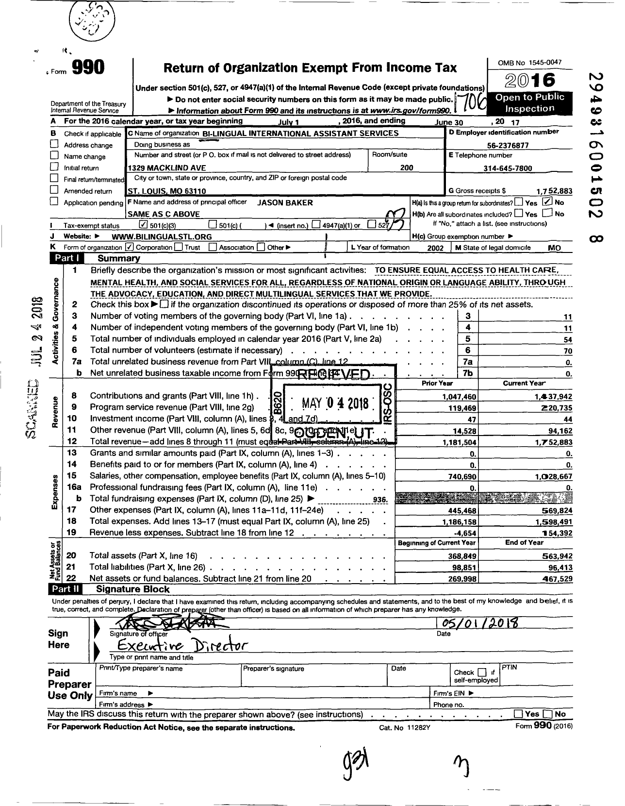 Image of first page of 2016 Form 990 for Bilingual International Assistant Services