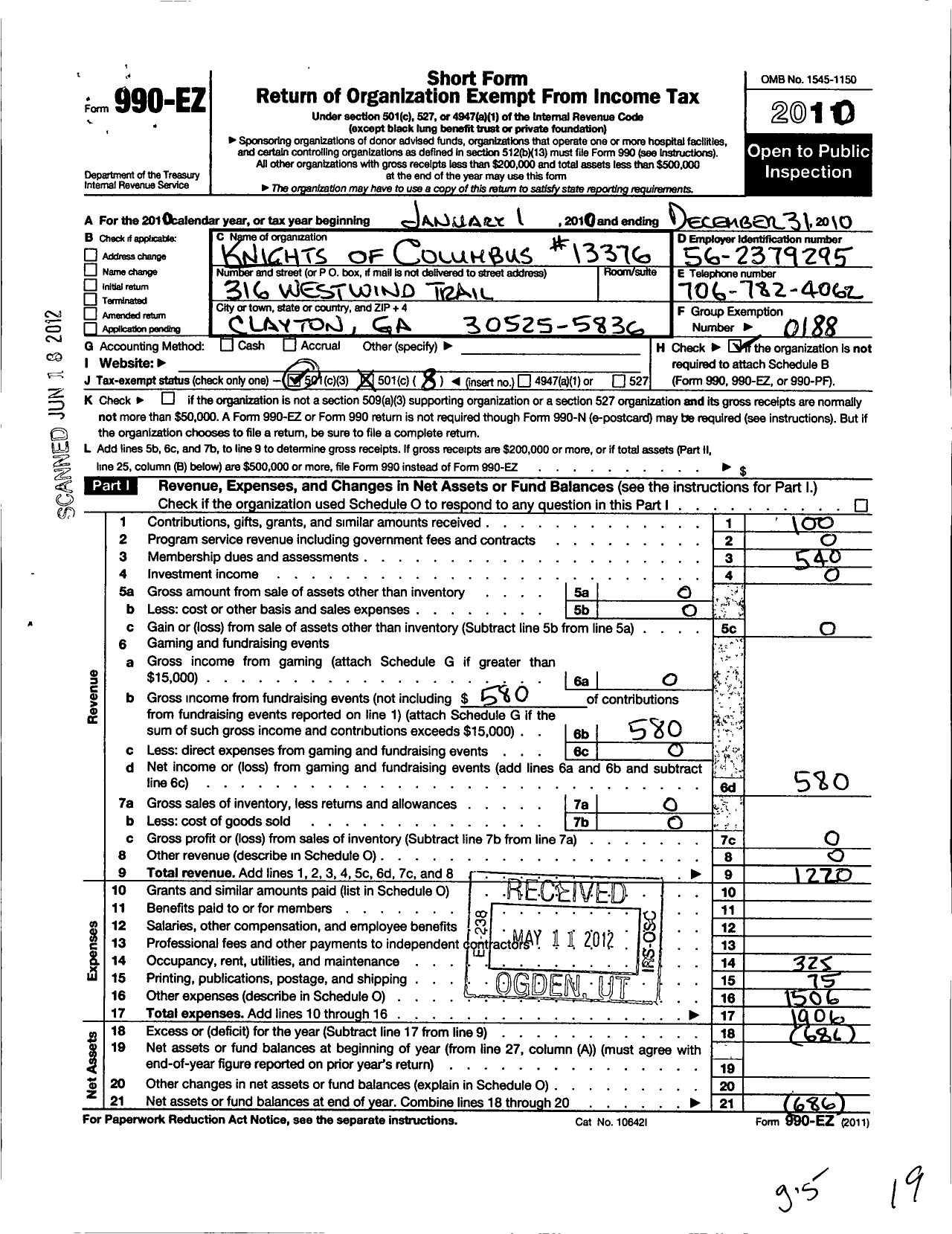 Image of first page of 2010 Form 990EO for Knights of Columbus - 13376 St Helens Council