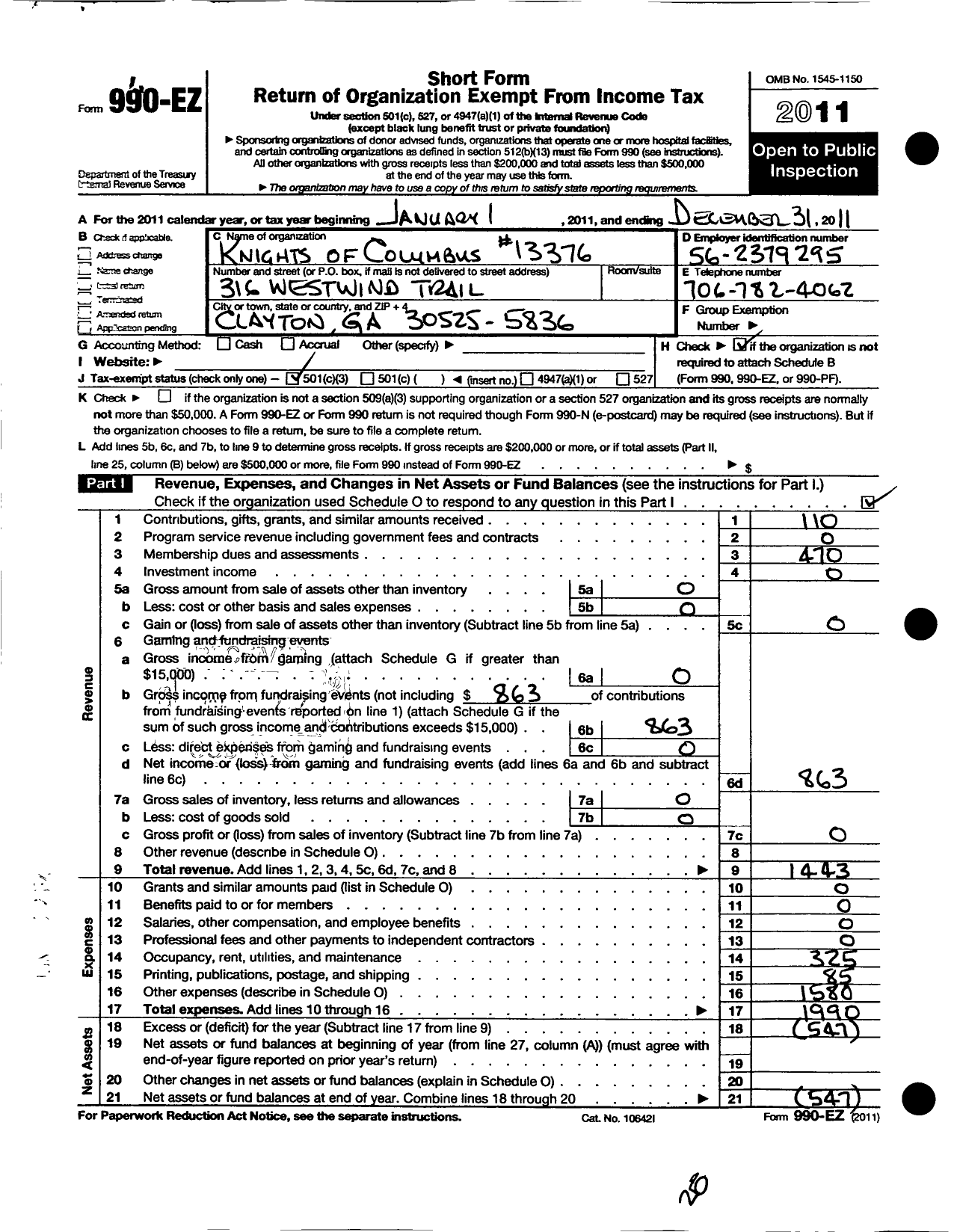 Image of first page of 2011 Form 990EZ for Knights of Columbus - 13376 St Helens Council