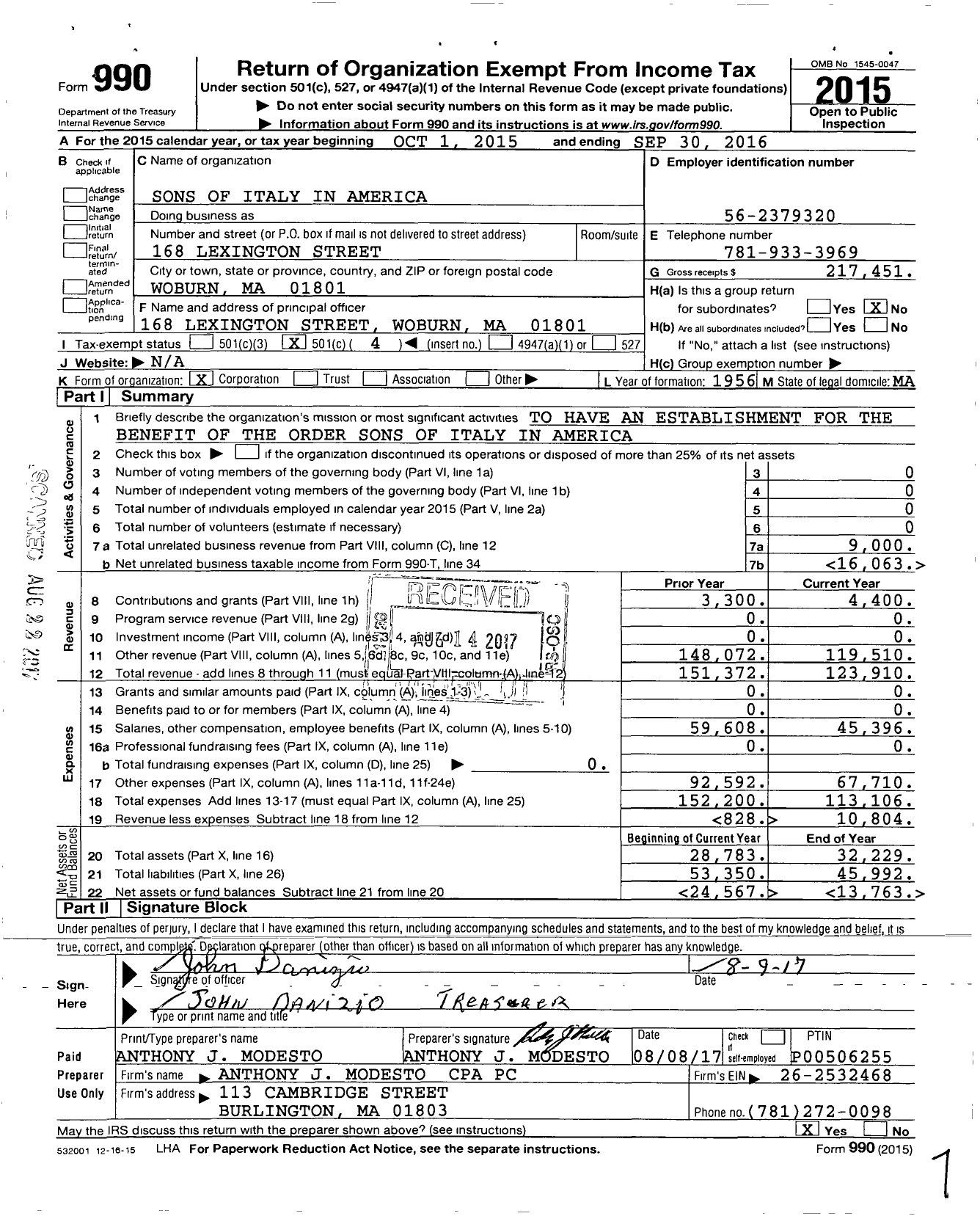 Image of first page of 2015 Form 990O for Order Sons and Daughters of Italy in America - 1406 Joseph Gorassi