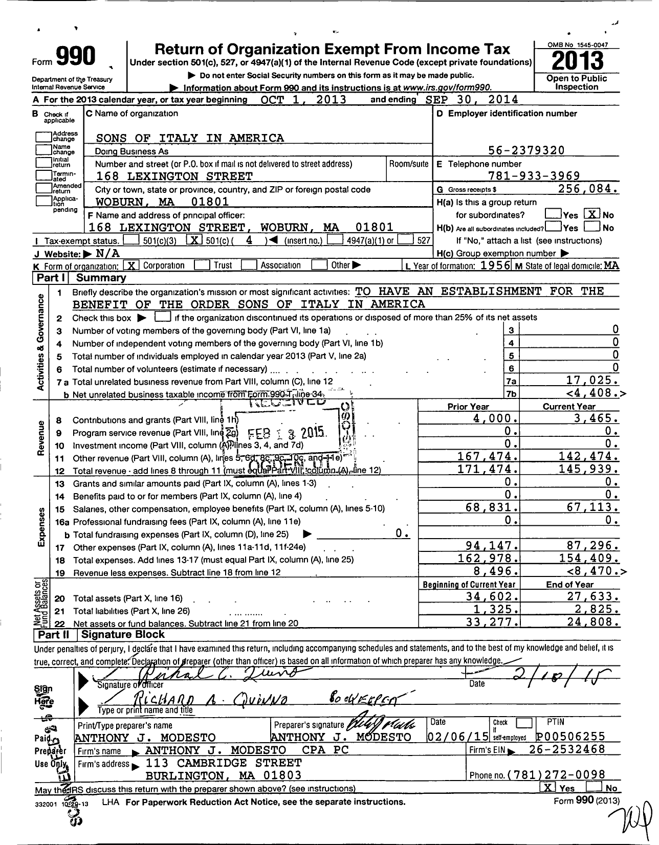 Image of first page of 2013 Form 990O for Order Sons and Daughters of Italy in America - 1406 Joseph Gorassi