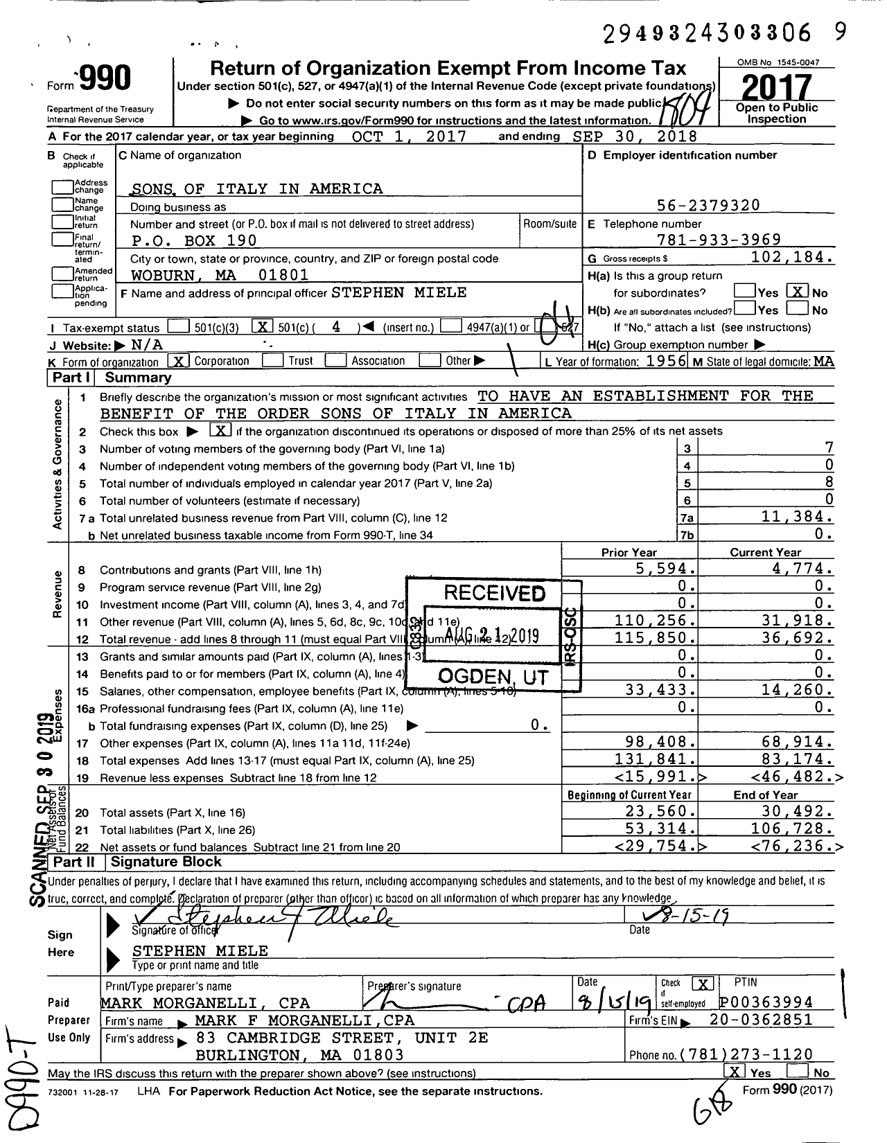 Image of first page of 2017 Form 990O for Order Sons and Daughters of Italy in America - 1406 Joseph Gorassi