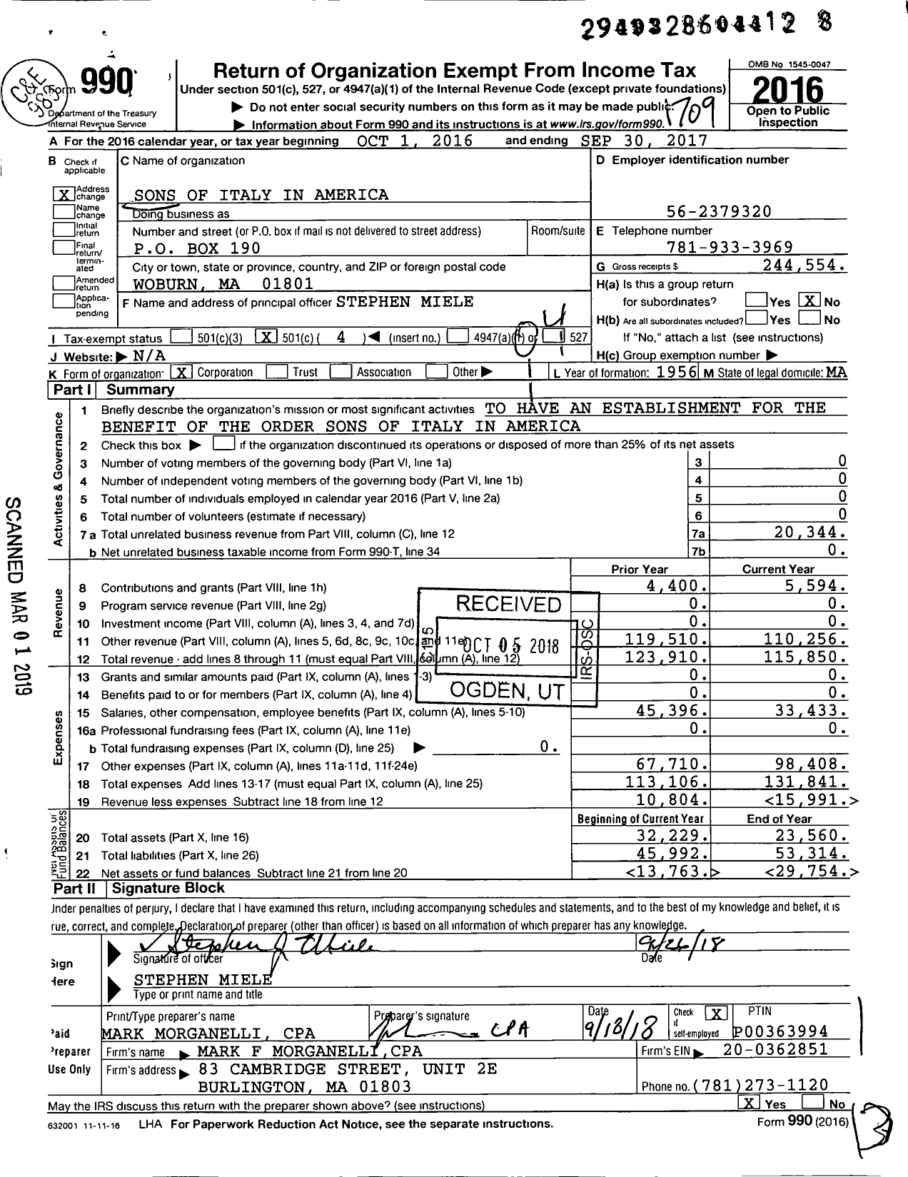 Image of first page of 2016 Form 990O for Order Sons and Daughters of Italy in America - 1406 Joseph Gorassi