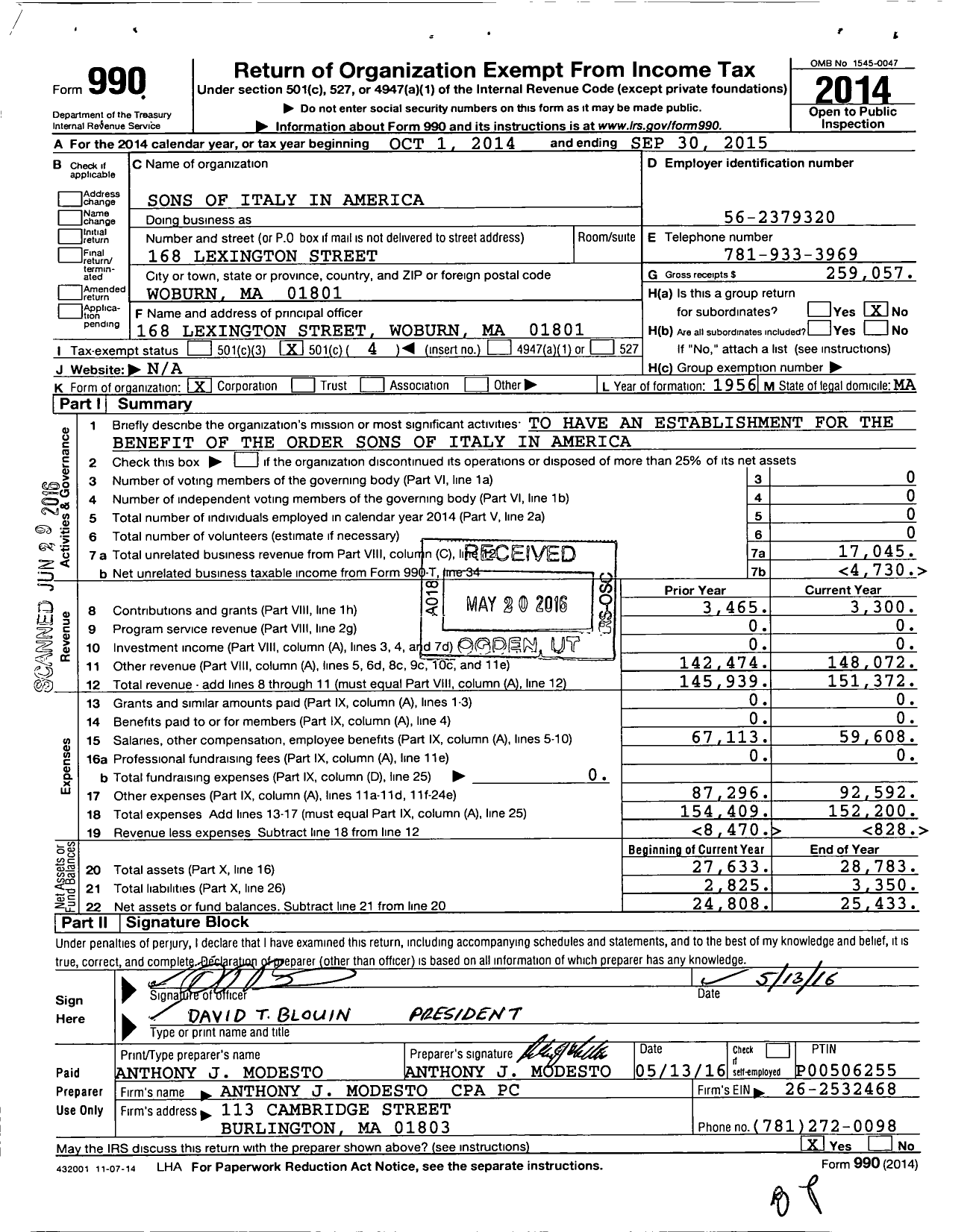 Image of first page of 2014 Form 990O for Order Sons and Daughters of Italy in America - 1406 Joseph Gorassi