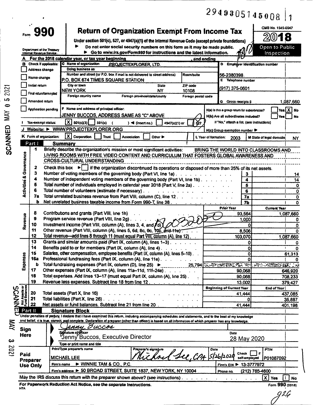 Image of first page of 2018 Form 990 for ProjectExplorer