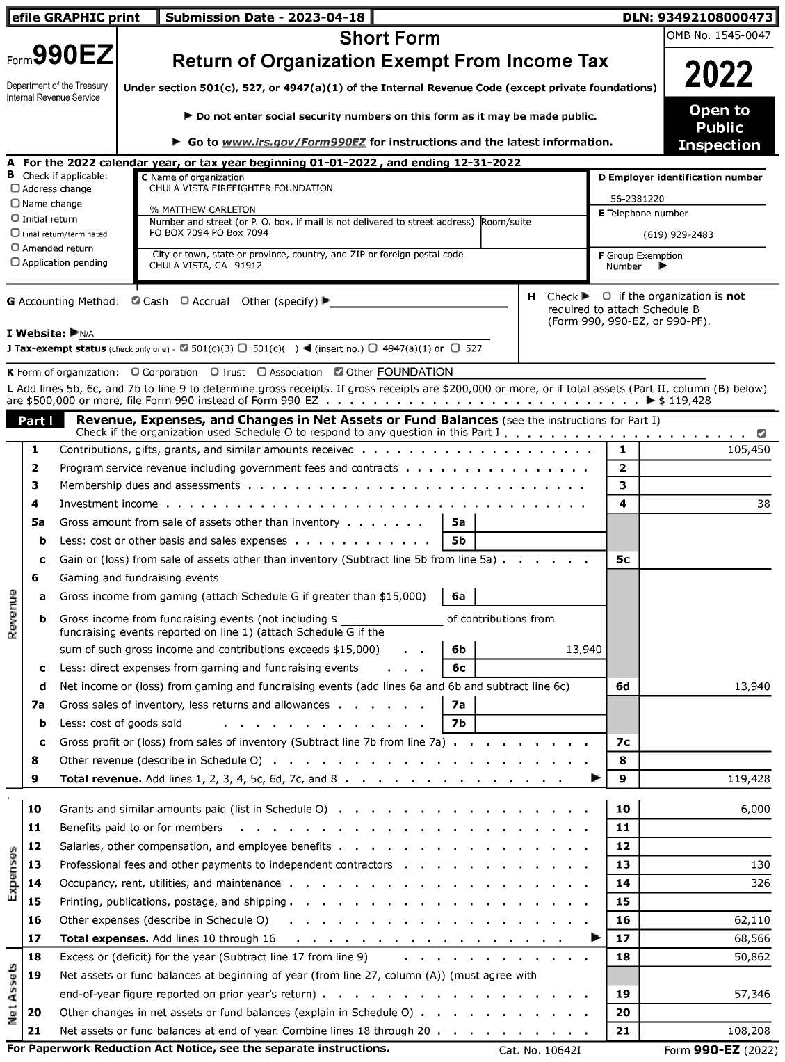 Image of first page of 2022 Form 990EZ for Chula Vista Firefighter Foundation