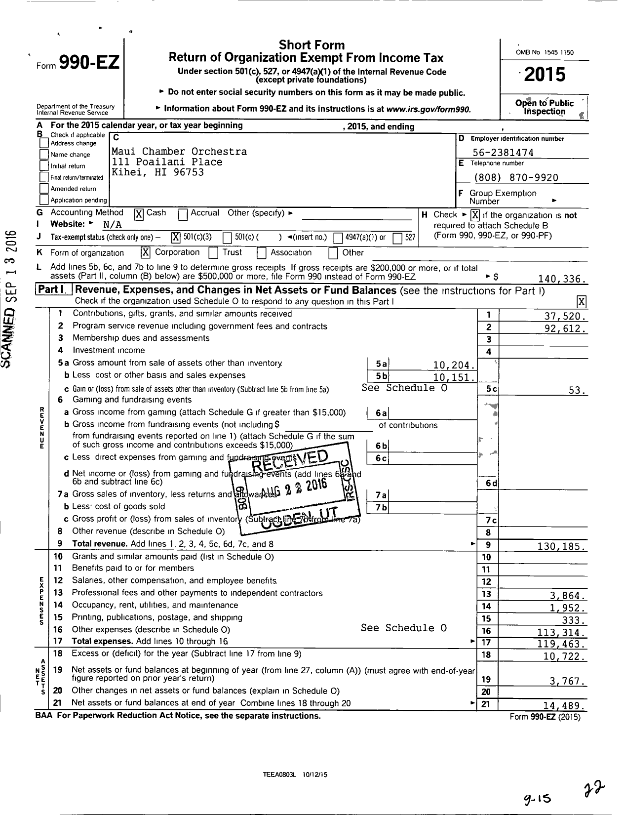 Image of first page of 2015 Form 990EZ for Maui Chamber Orchestra