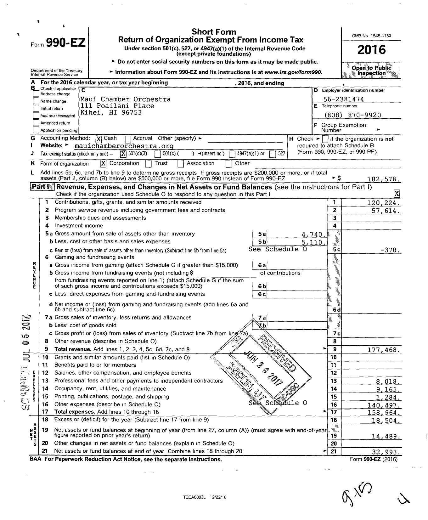 Image of first page of 2016 Form 990EZ for Maui Chamber Orchestra