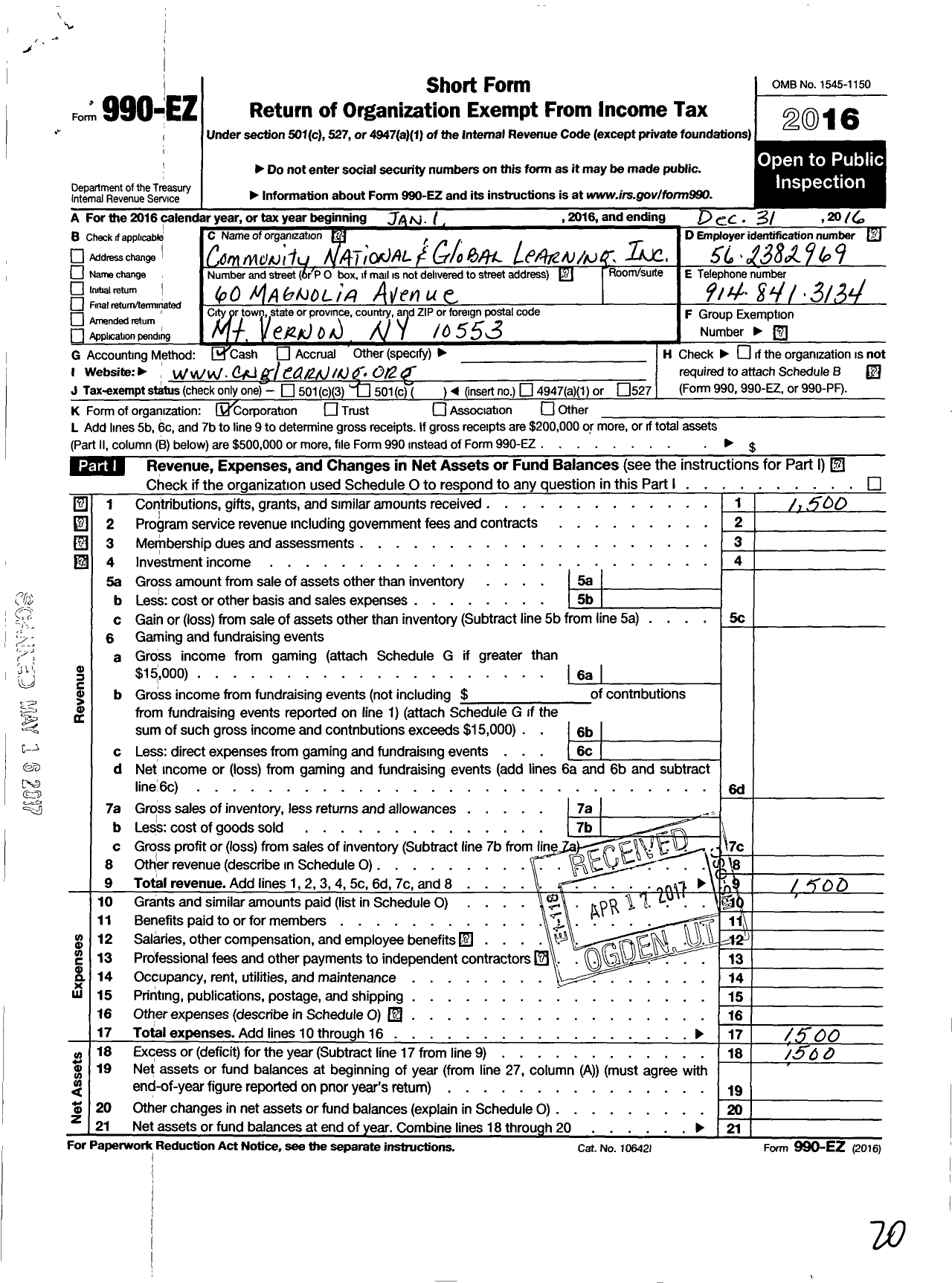 Image of first page of 2016 Form 990EO for Community National and Global Learning