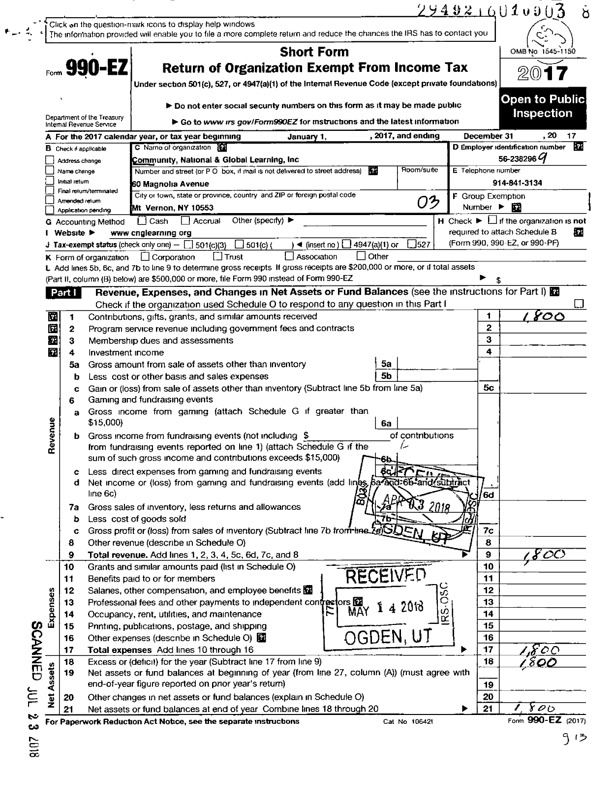 Image of first page of 2017 Form 990EZ for Community National and Global Learning