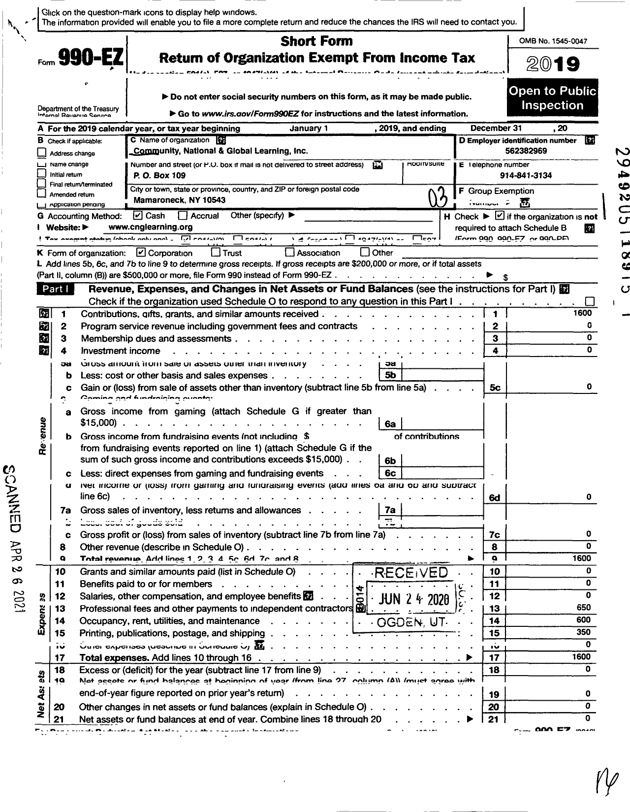 Image of first page of 2019 Form 990EZ for Community National and Global Learning