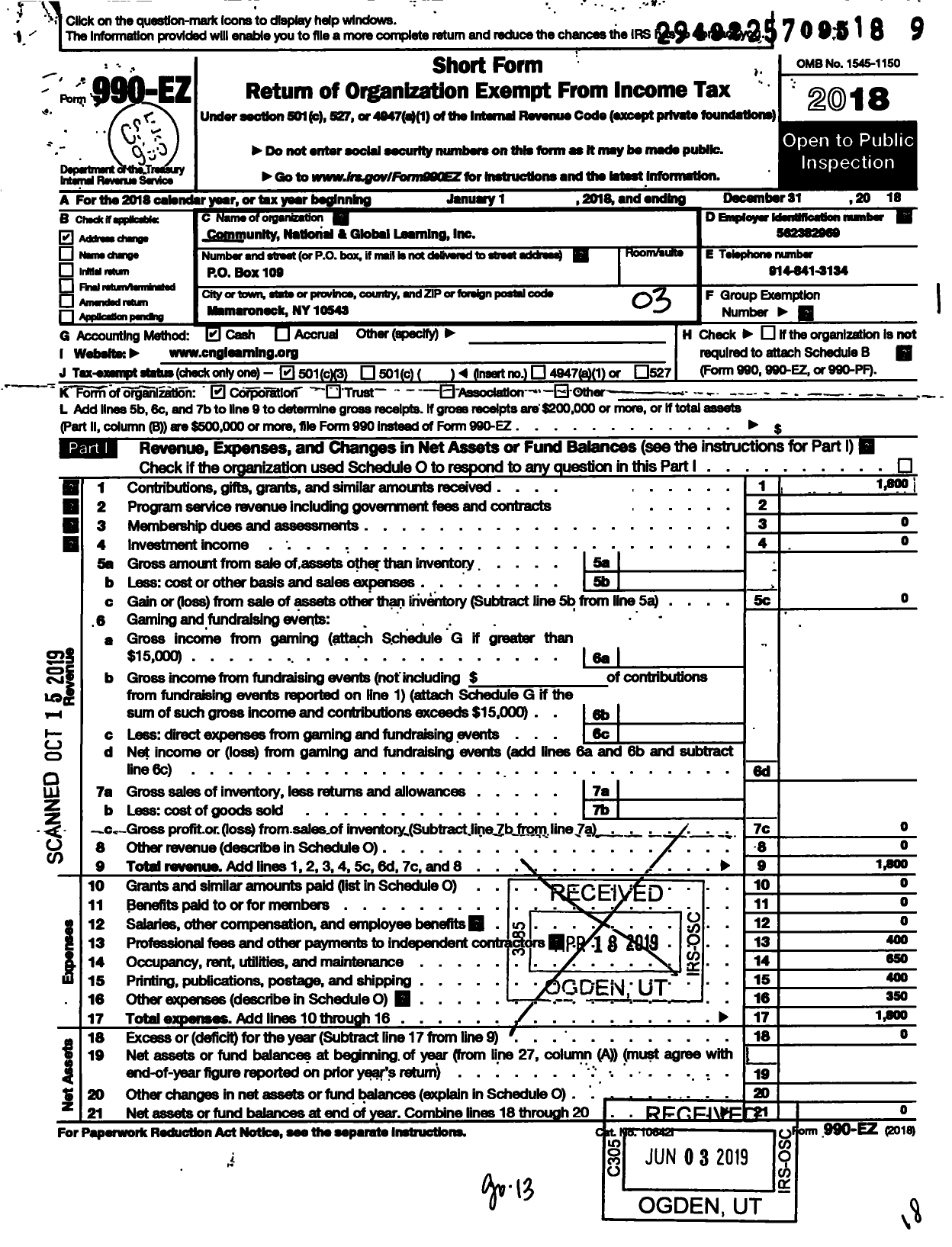 Image of first page of 2018 Form 990EZ for Community National and Global Learning