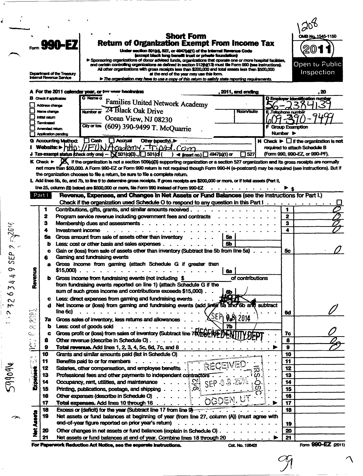 Image of first page of 2011 Form 990EZ for Families United Network Academy (FUN)