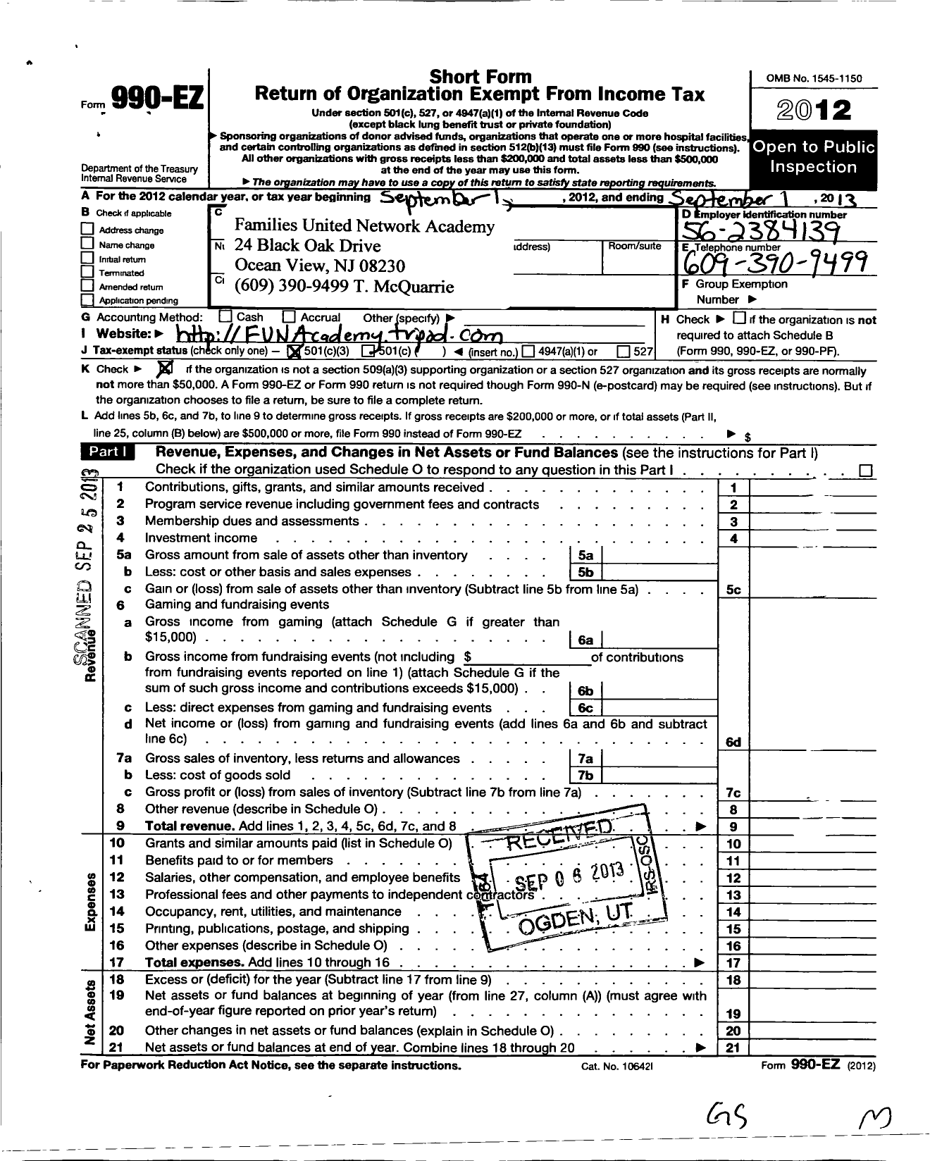 Image of first page of 2012 Form 990EZ for Families United Network Academy (FUN)