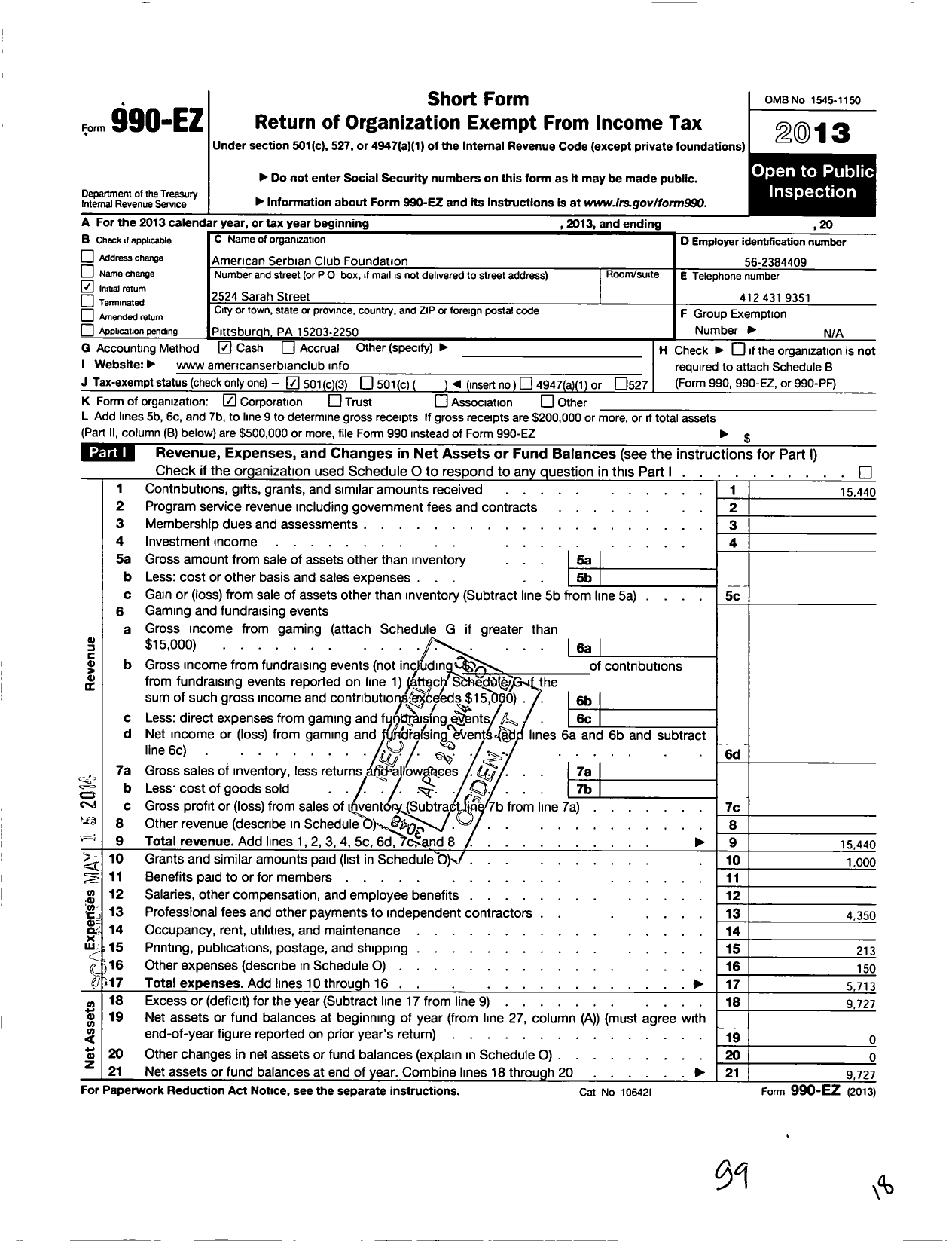 Image of first page of 2013 Form 990EZ for American Serbian Club Foundation